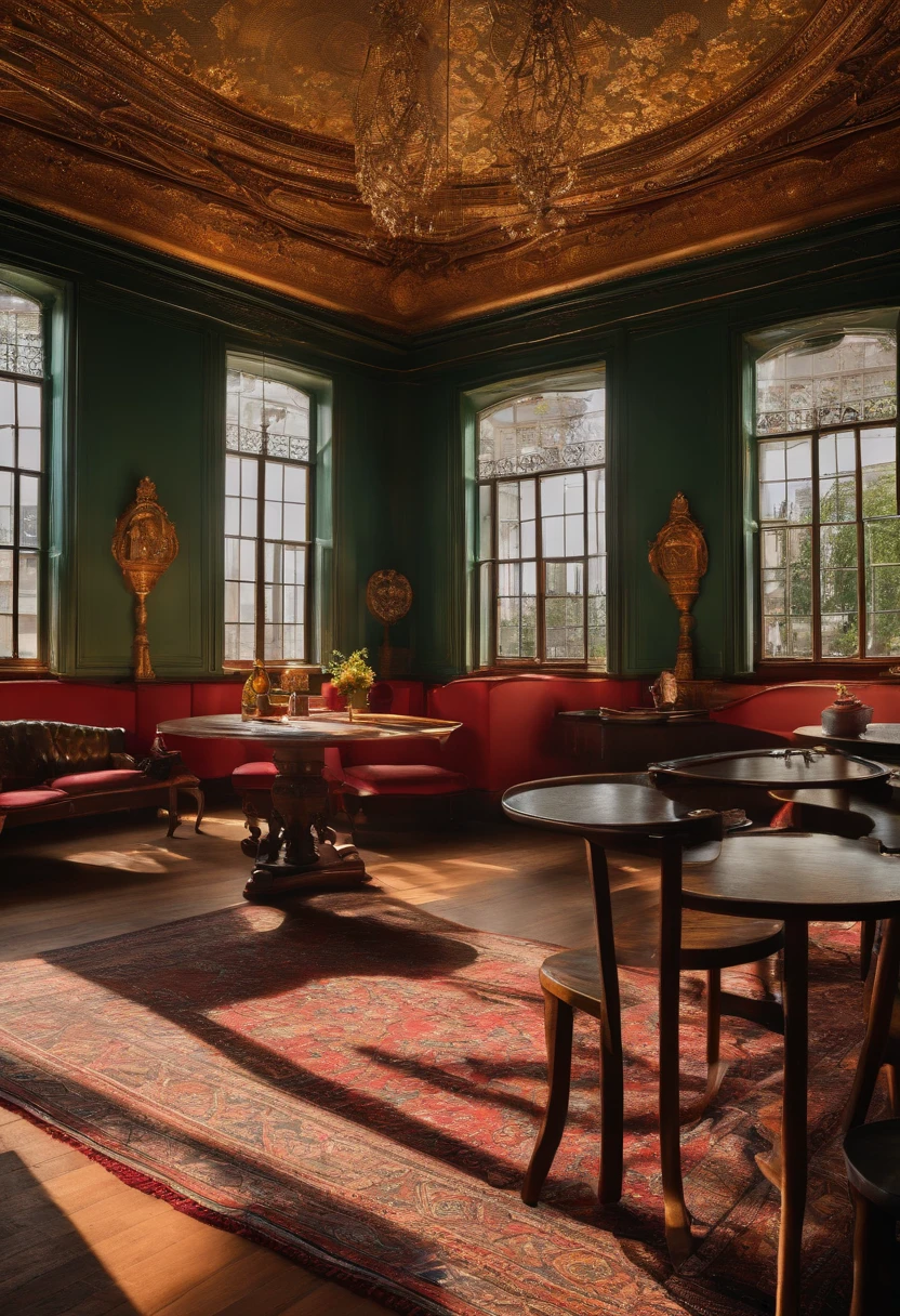 Interior section of the square,Two tables,45 degree angle,wide - angle shot,small rooms