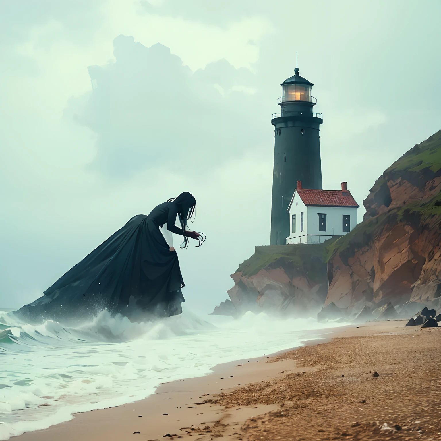 A coast full of fog. A huge girl emerged from the sea. She is wearing a black gothic dress. She attacks the lighthouse. Sandy beach. hill. Cloudy sky.