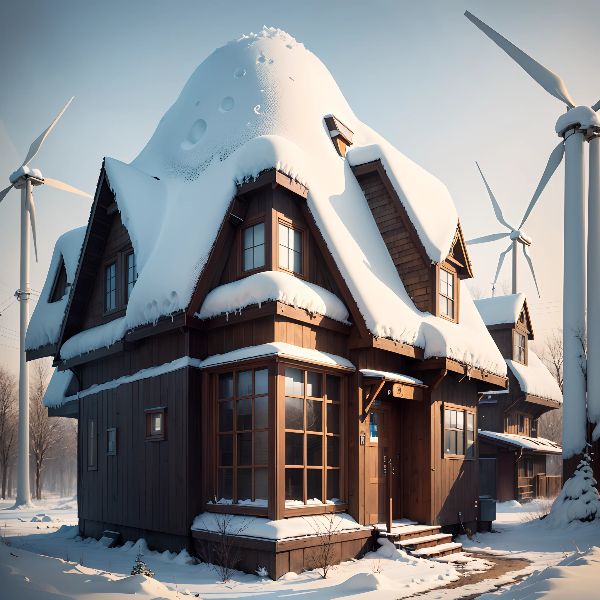 Make an image of a giant computer designed to look like a house.
Add snow
Add wind turbines on the monitor
Add a small fire