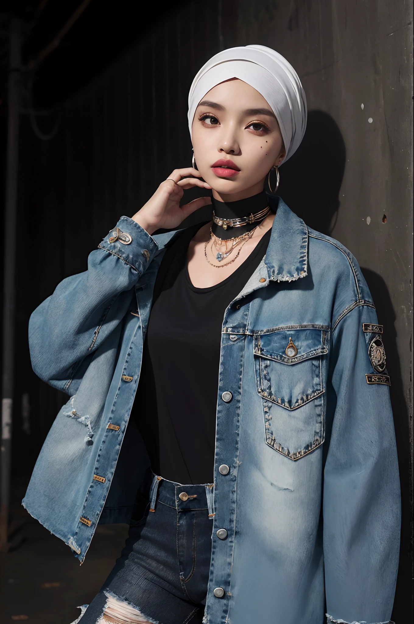 (masterpiece:1.2, best quality), (1 malay lady in hijab, solo, upper body:1.2), hijab, Clothing: oversized, distressed denim jacket with patches and pins, paired with black skinny jeans and combat boots, Accessories: silver hoop earrings and a black choker necklace, Hanging out in an underground music venue or street art exhibit
