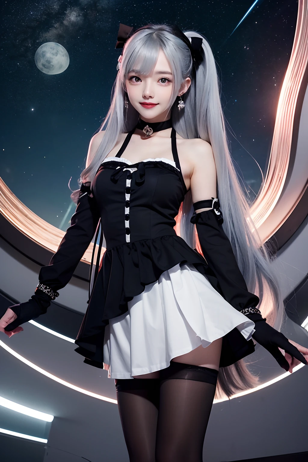 Masterpiece, Best quality, Night, stars, sky, Realistic, Real, Huge_filesize, Girl, Long hair, Gradient hair, hime_cut, Asymmetrical bangs, view the viewer, aqua eyes, Laughing, eye bags, Small breasts, shift dresses, White pantyhose, Earrings, fingerless_mitts, half gloves , Black choker , Sam_polypubic hair,