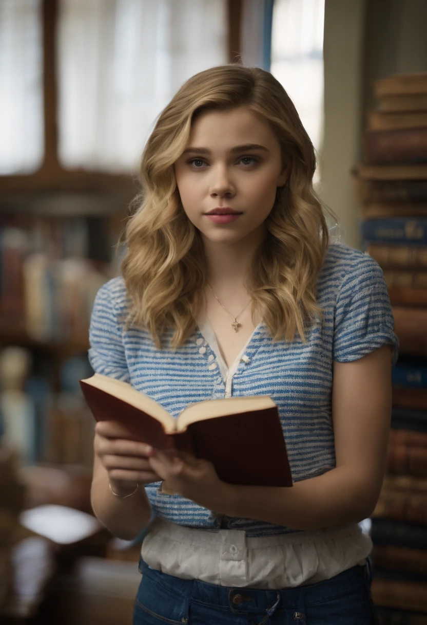 Chica con una blusa blanca y pantalones cortos azules de pie frente a un estante de libros, Chloe Grace Moretz, Chloë Grace Moretz, Chloe Moretz, Una colegiala hiperrealista, Gracia Moretz, adolescente hiperrealista, Colegiala hiperrealista, sydney sweeney, Joven Scarlett Johansson, joven hermosa amouranth, young and cute girl girl