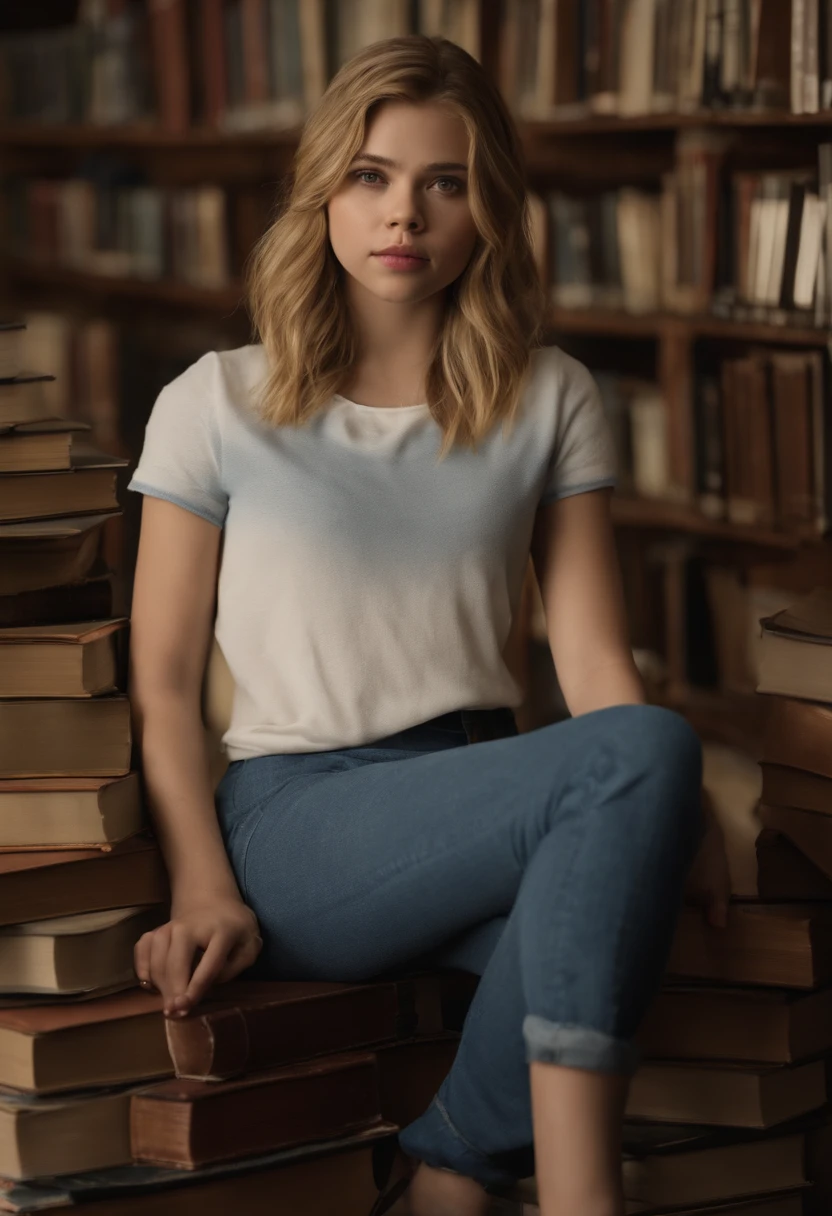 Chica con una blusa blanca y pantalones cortos azules de pie frente a un estante de libros, Chloe Grace Moretz, Chloë Grace Moretz, Chloe Moretz, Una colegiala hiperrealista, Gracia Moretz, adolescente hiperrealista, Colegiala hiperrealista, sydney sweeney, Joven Scarlett Johansson, joven hermosa amouranth, young and cute girl 15 year old girl