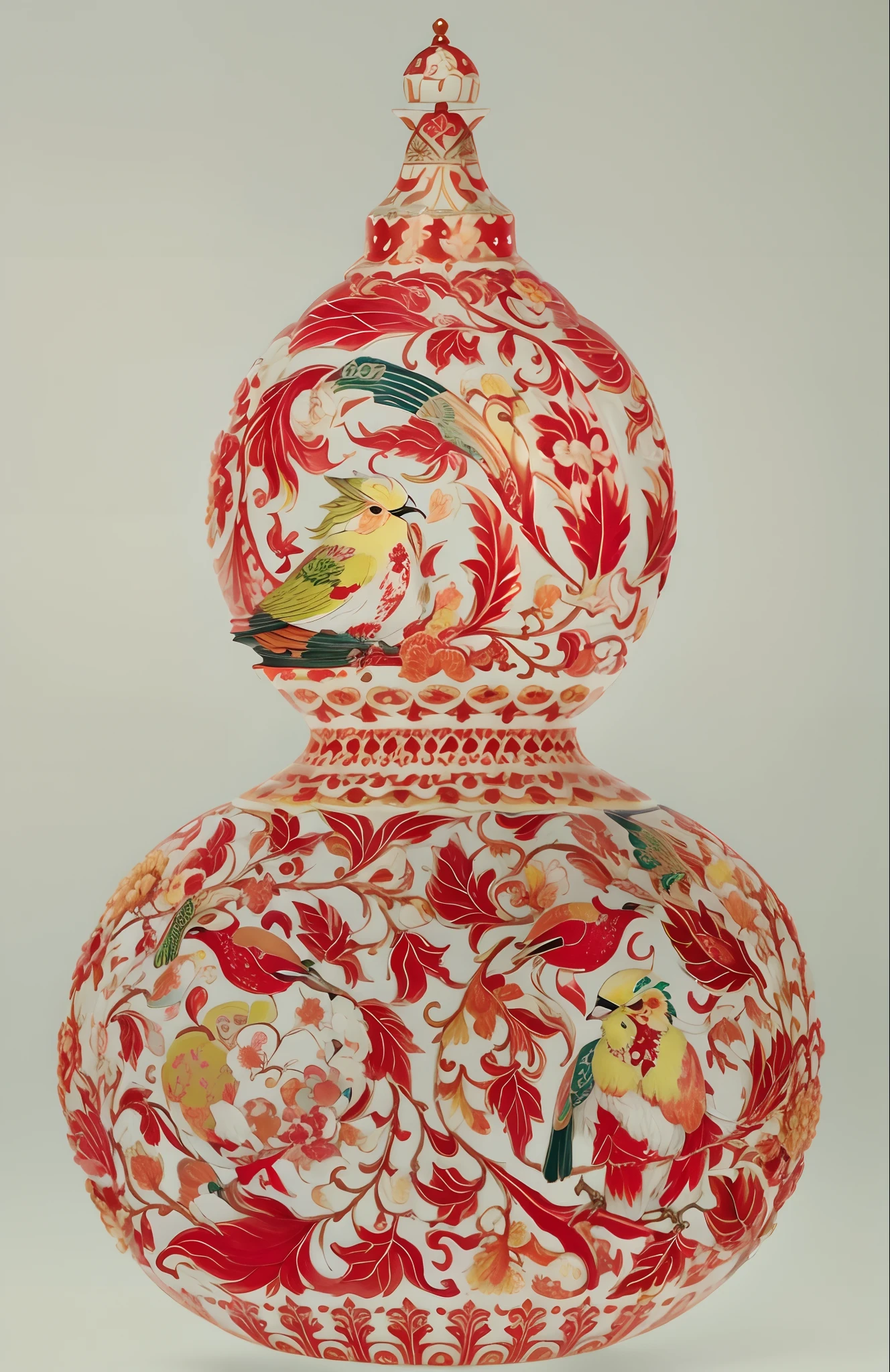 There is a red and white gourd,Colorful birds on it, The pattern is exquisite,Hot stamping process,raqib shaw, Decorated with Russian motifs, chinoiserie pattern, inspired by Yun Shouping, Inspired by Wilhelm van Hechter, Ivan Hiskin, ornate with fiery explosions, cloisonne, inspired by Xu Xi, style of chinese vase, author:Wen Boren, Chinese art,element is repeated,The picture quality is delicate,8k,ultrahigh clarity,