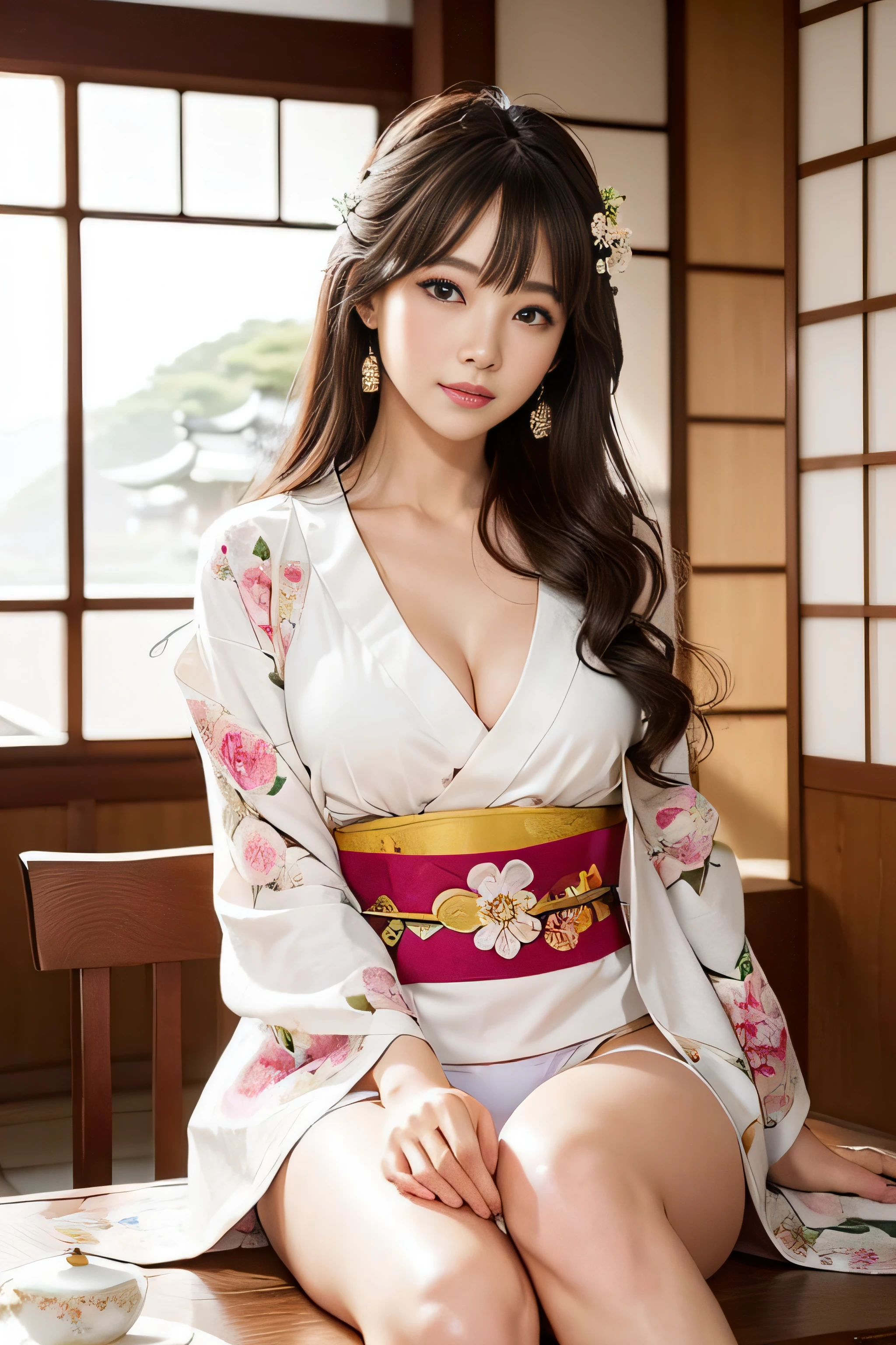 1womanl、(Super beautiful)、(beauitful face:1.5)、(Sit in a tea room in a temple in Japan)、with spreading legs、(Showing white panties)、(Floral kimono:1.2)