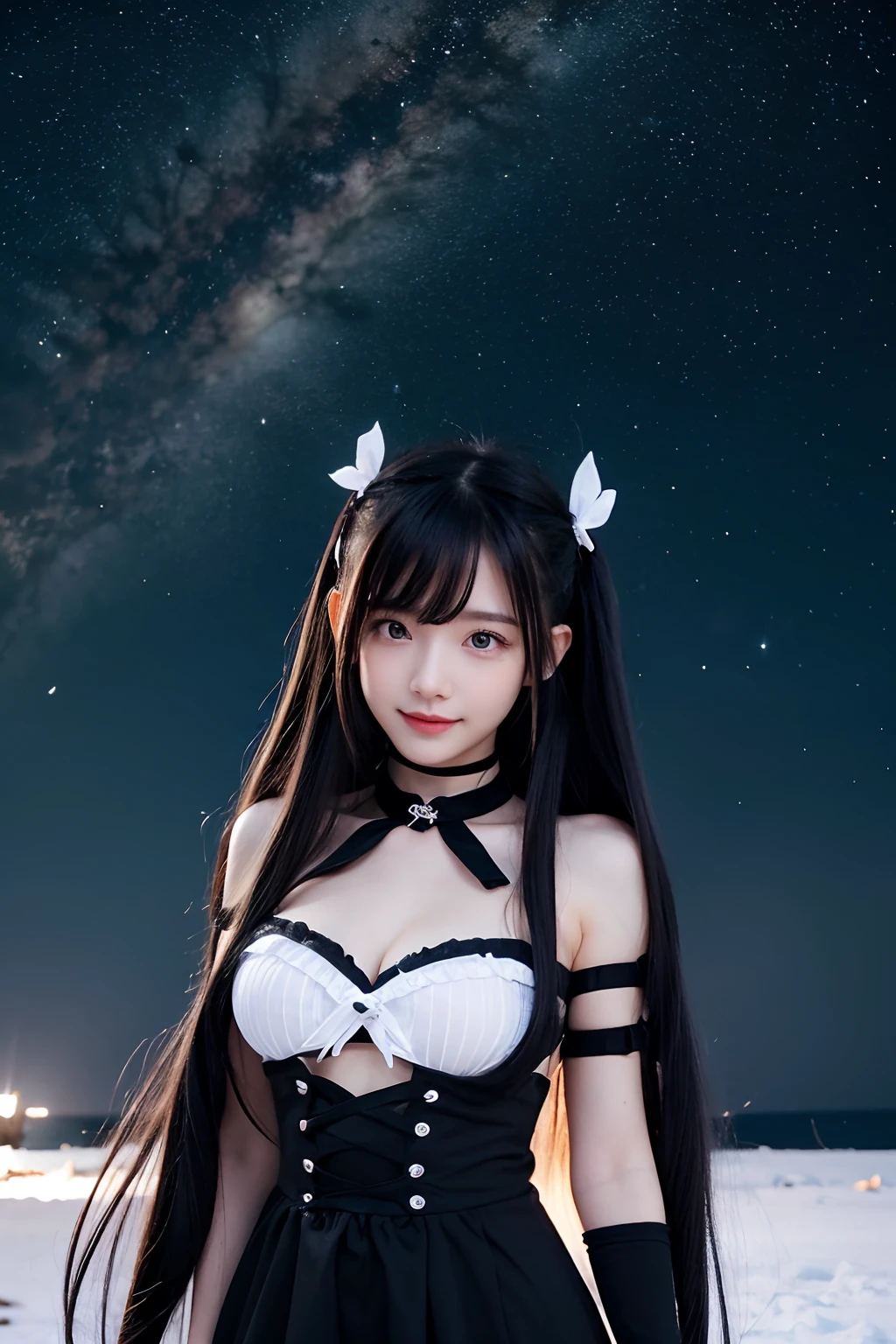 Masterpiece, Best quality, Night, stars, sky, Realistic, Real, Huge_filesize, Girl, Long hair, Gradient hair, hime_cut, Asymmetrical bangs, view the viewer, aqua eyes, Laughing, eye bags, Small breasts, shift dresses, White pantyhose, Earrings, fingerless_mitts, half gloves , Black choker , Sam_polypubic hair,