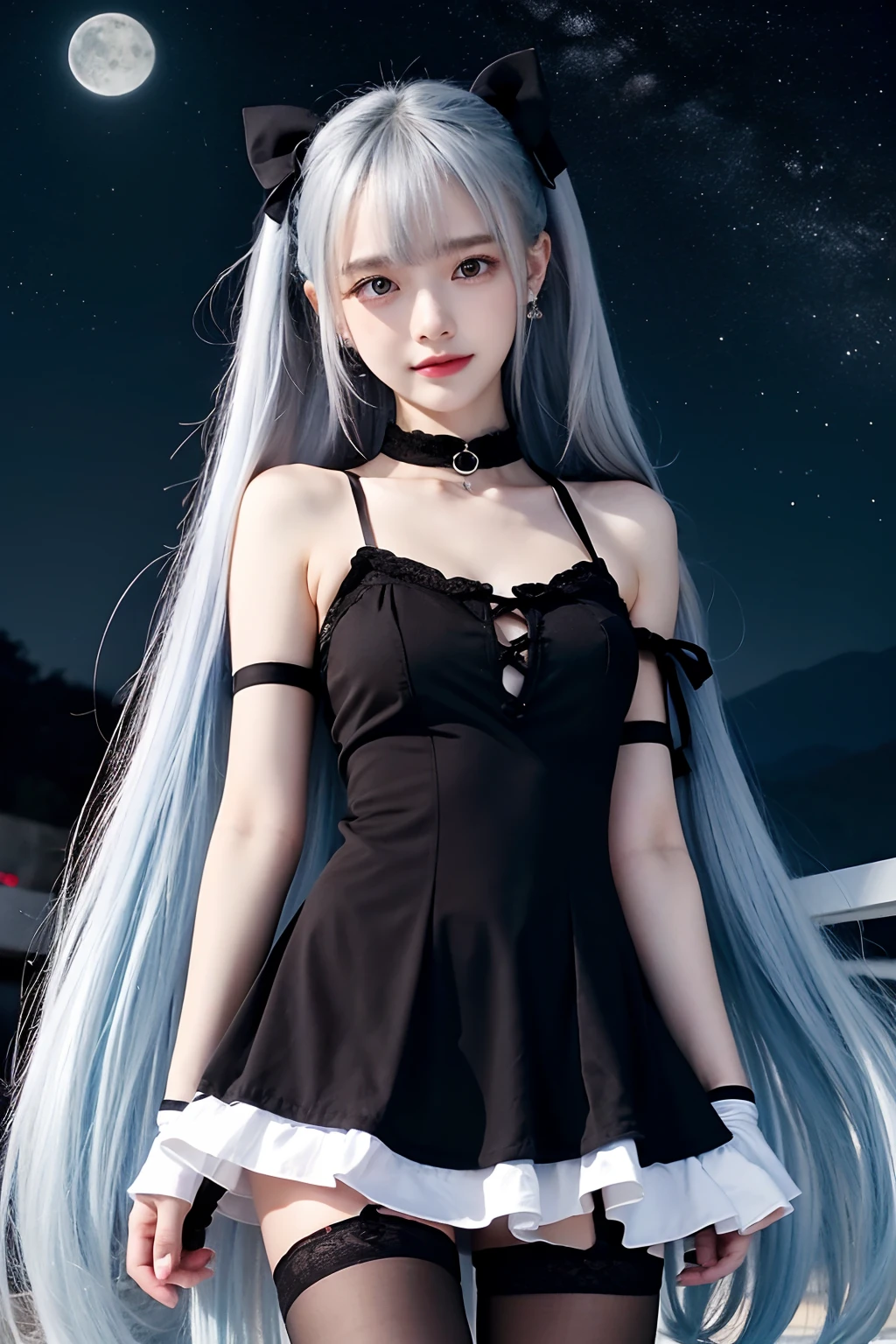 Masterpiece, Best quality, Night, stars, sky, Realistic, Real, Huge_filesize, Girl, Long hair, Gradient hair, hime_cut, Asymmetrical bangs, view the viewer, aqua eyes, Laughing, eye bags, Small breasts, shift dresses, White pantyhose, Earrings, fingerless_mitts, half gloves , Black choker , Sam_polypubic hair,
