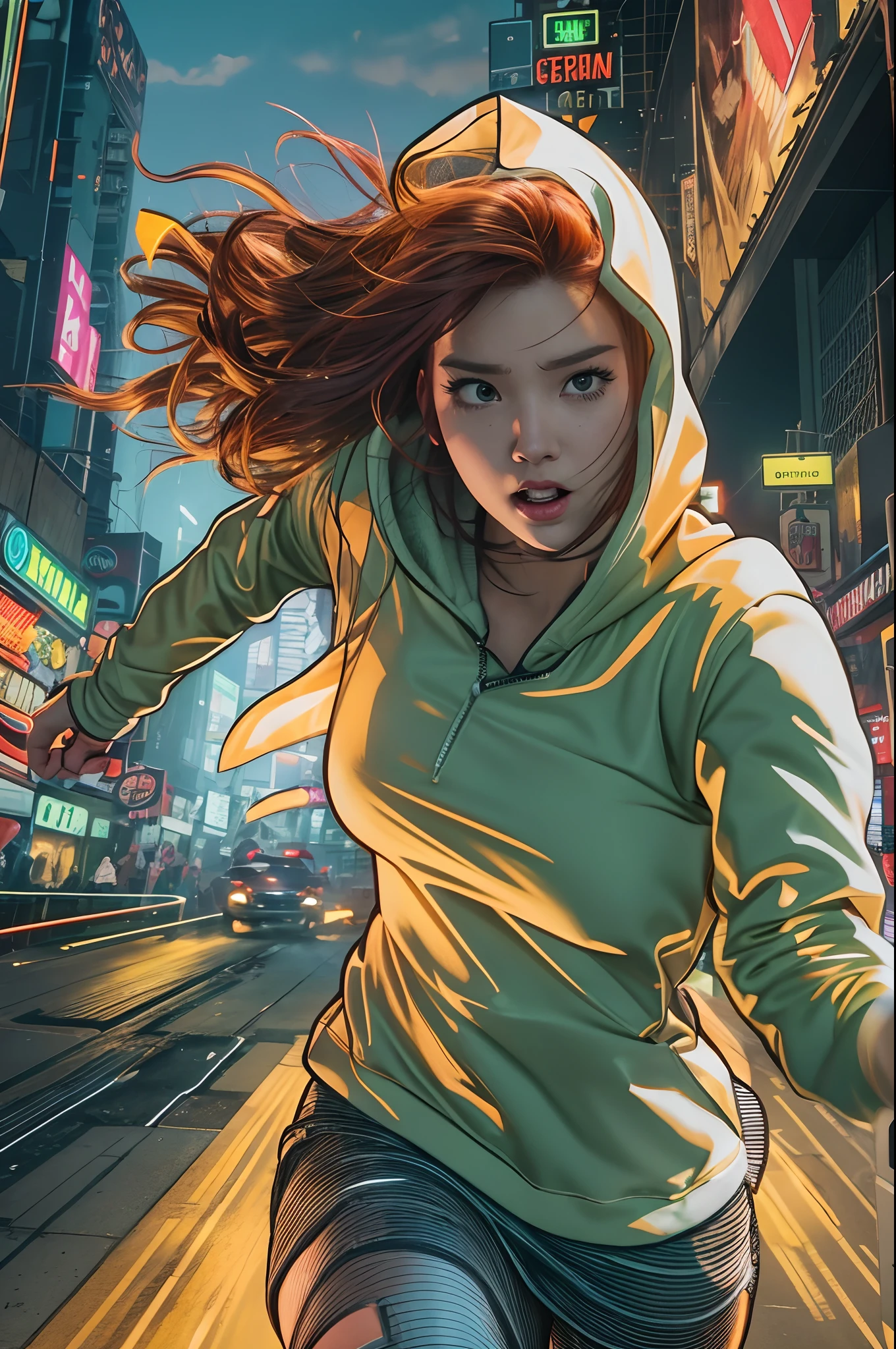Close up image of 2 subjects, 1girl with auburn colored hair, wearing long sleeve white dress with hood, (running towards camera), (woman looks scared), frightened, running for her life, running away from man wearing armor, getting grabbed by man, down a dirty city alley, futuristic city at (night:1.4), blue and yellow neon signs, chase scene, action scene, thick outlines, comic book style, dynamic camera angle, realistic skin, realistic hands, perfect hands, action lines, motion blur background