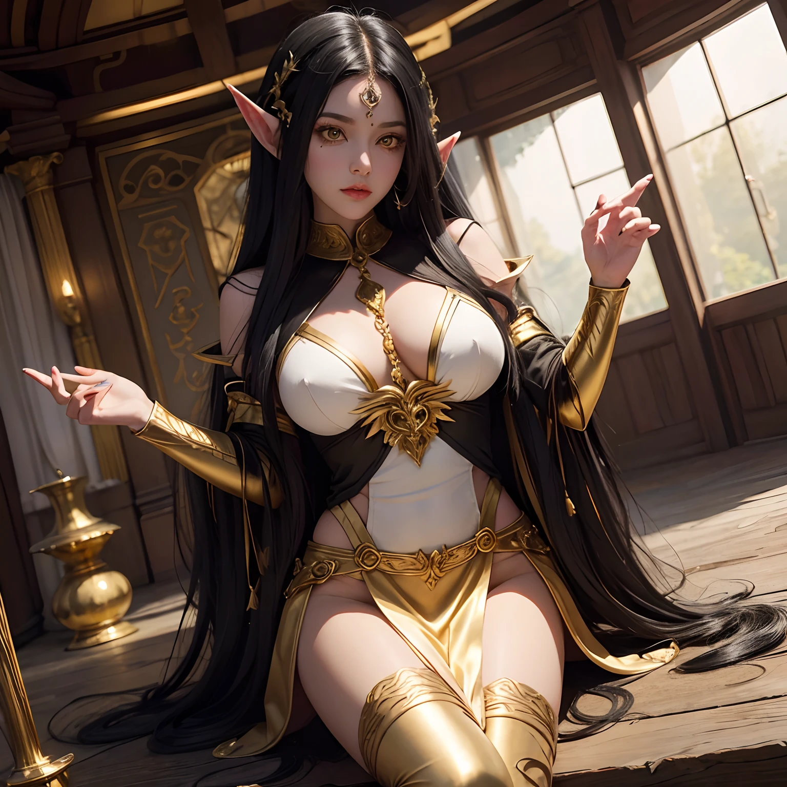 An elf woman with gold yellow eyes. She has long black hair with white streaks. She has sleepy puppy eyes and voluminous lips.