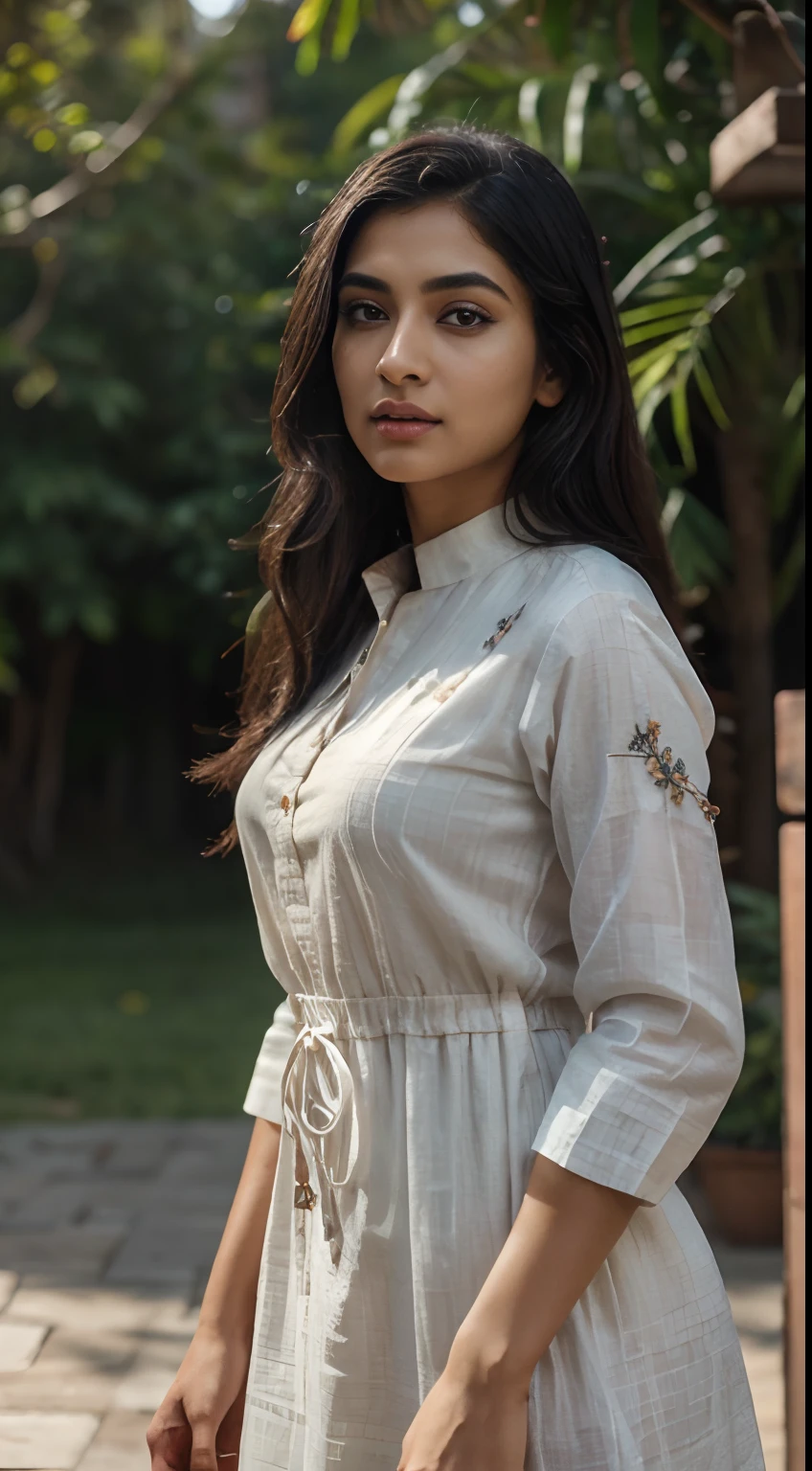 ultra-realistic photographs,Indian Instagram female model,mid 20s,9:16,mid-shot,beautiful detailed eyes,detailed lips,longeyelashes,black bun hair, naturally full eyebrows,perfectly formed nose,expressive face,attractive appearance,confident and elegant posture,graceful movement,vibrant and colorful kurta dress, floral patterns, temple background, serene atmosphere,stunning architecture,soft and natural lighting,vivid colors,photorealistic,HDR,highres,studio lighting,ultra-detailed,bokeh,fully covered clothes