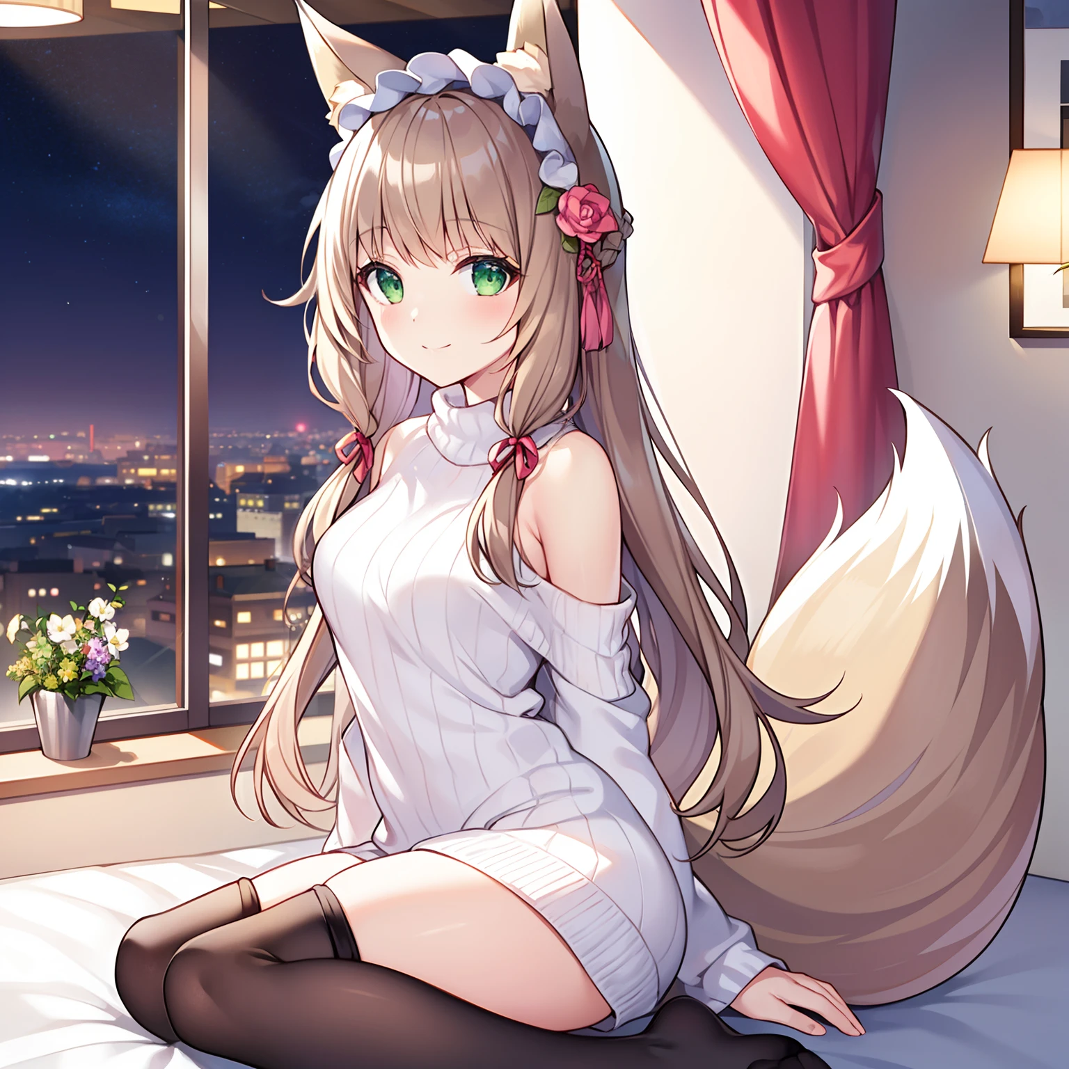 (masterpiece,Maximum resolution,8k wallpaper,Highest drawing quality),独奏,(Giant fox tail),Brown hair,Green Eyes,Small flower headdress,(21 years old college student_ C cup),A plumper figure,Modern Architecture,Moro Liberation Front,at home,(Sitting on the sofa_cross-legged),Wear a white coat_Black dress,Dark black pantyhose,Smile,(Visually look from bottom to top),
