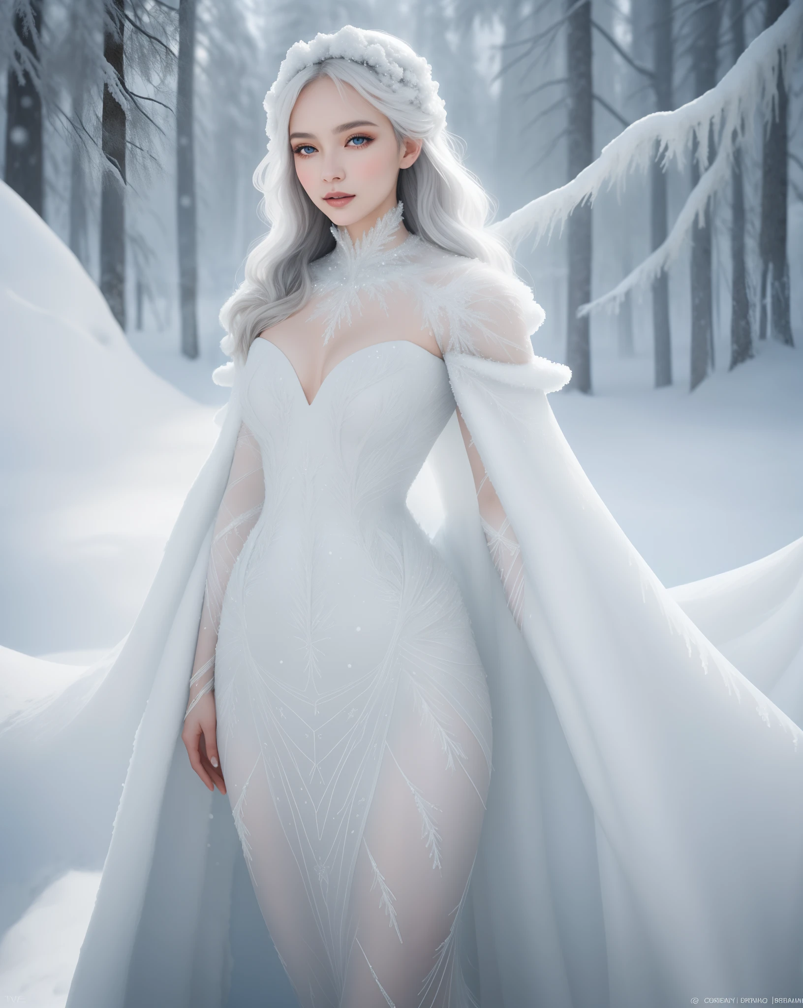 A stunning woman, wrapped in a winter dress sculpted from rime ice, its delicate patterns enhancing her beauty. She stands as a living embodiment of the season's elegance, a fusion of nature's art and human grace. Ice couture, winter's muse, frosty elegance, ethereal beauty, seasonal synergy, anime realism, perfect illustration, dynamic supermodel pose
