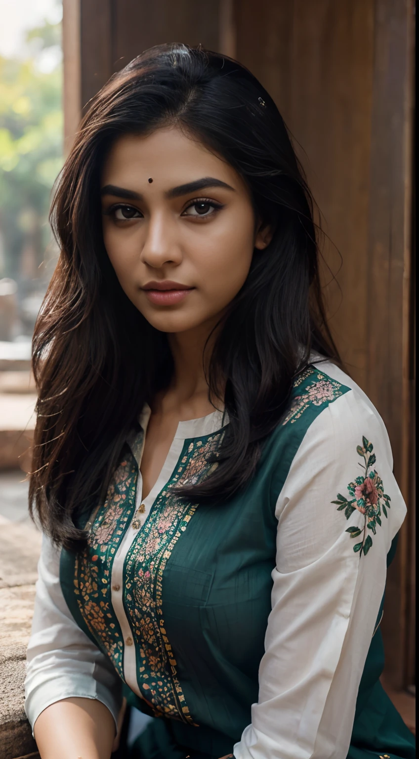 ultra-realistic photographs,Indian Instagram female model,mid 20s,9:16,mid-shot,beautiful detailed eyes,detailed lips,longeyelashes,black stylish hair, naturally full eyebrows,perfectly formed nose,expressive face,attractive appearance,confident and elegant posture,graceful movement,vibrant and colorful kurta dress, floral patterns, nature background, serene atmosphere,stunning architecture,soft and natural lighting,vivid colors,photorealistic,HDR,highres,studio lighting,ultra-detailed,bokeh,fully covered clothes