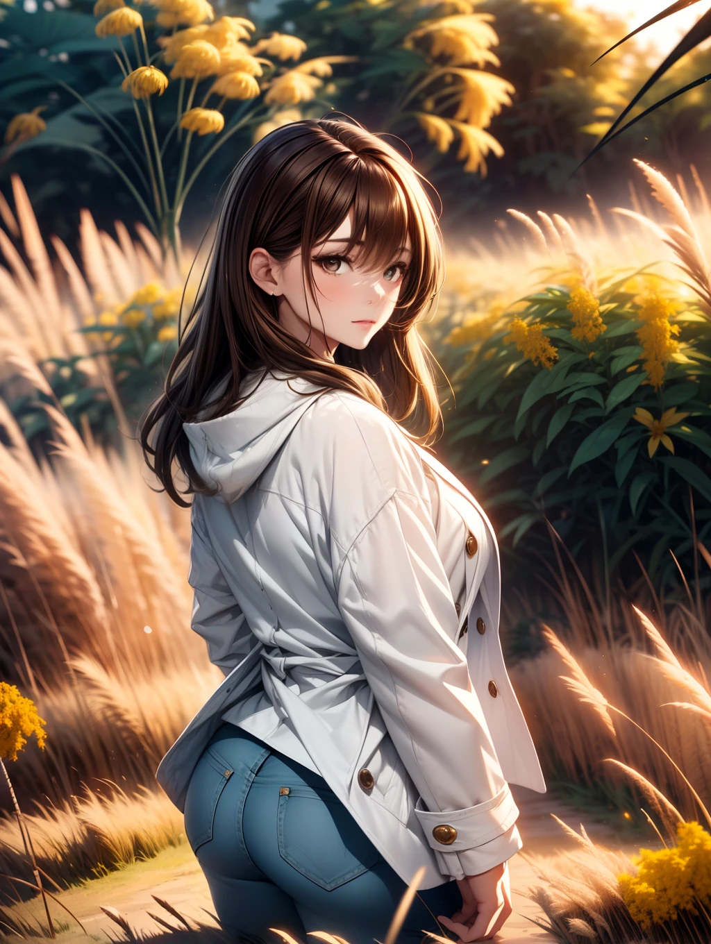 Best Quality, masutepiece, beautiful mature women、Beautiful face、Strong-minded woman、(White coat、jeans)、brown haired、(Brown-eyed)、Longhaire、Undersized eyes、(((Pampas grass、goldenrod)))、Flower garden large、Sunset