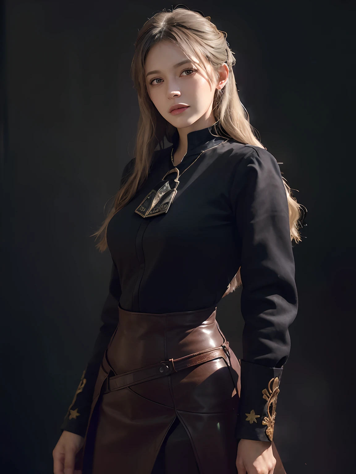 (front focus), (in the dark:1.6), Hyperrealist portrait of female by david hockney and alphonse mucha, fantasy art, photo realistic, dynamic lighting, artstation, poster, volumetric lighting, very detailed faces, 4 k, award winning, 1girl, in the dark, deep shadow, low key, cowboy shot, (official clothing:1.4), long hair, white hair