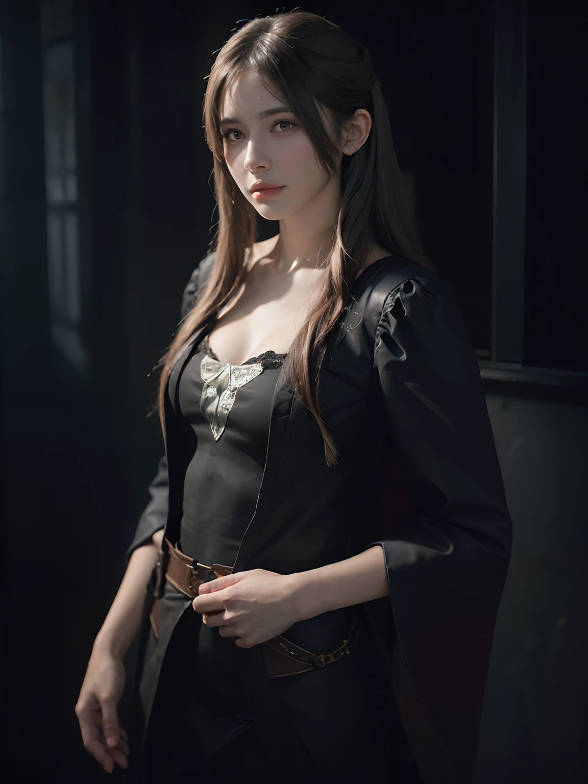 (front focus), (in the dark:1.6), Hyperrealist portrait of female by david hockney and alphonse mucha, fantasy art, photo realistic, dynamic lighting, artstation, poster, volumetric lighting, very detailed faces, 4 k, award winning, 1girl, in the dark, deep shadow, low key, cowboy shot, (official clothing:1.4), long hair, white hair