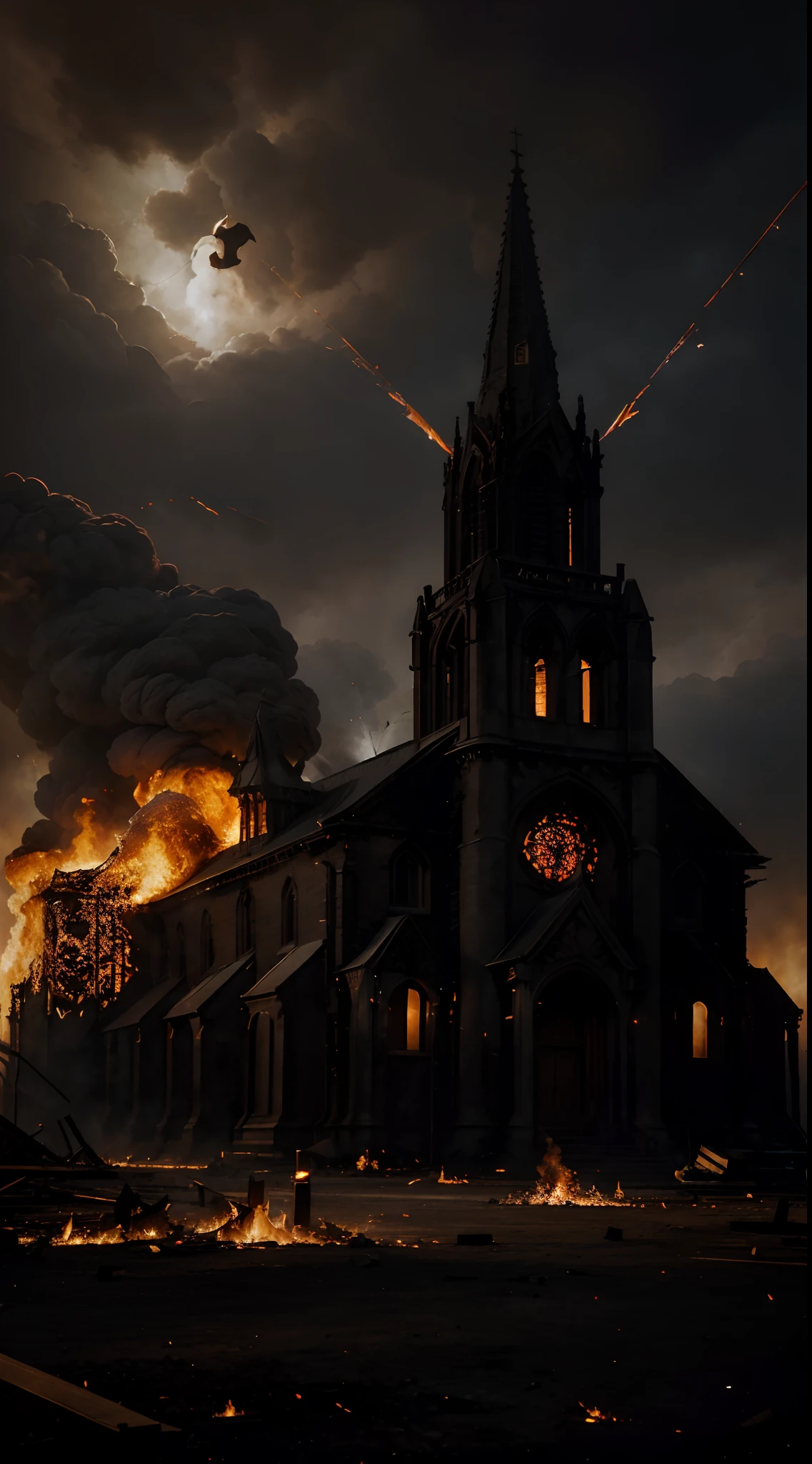 (best quality,4k,8k,highres,masterpiece:1.2),ultra-detailed,(realistic,photorealistic,photo-realistic:1.37),gigantic demon,church on fire,detailed flames,dark and menacing atmosphere,horrifying presence,sinister shadows,destroyed church building,sparks and embers flying,ominous smoke billowing,powerful demonic aura,chaotic scene,historical architecture engulfed in flames,vivid colors,ominous red color palette,flickering candle lights,ethereal moonlight illuminating the scene,dramatic composition,majestic demon wings,towering demon figure rising from behind the church,ancient symbols engraved on the demon's body,demonic eyes glowing with intensity,intense heat radiating from the fire,stained glass windows shattered and melting in the heat,distorted and twisted church spires,burning debris falling to the ground,desolate atmosphere,isolated location,revealing the unseen battle between good and evil.