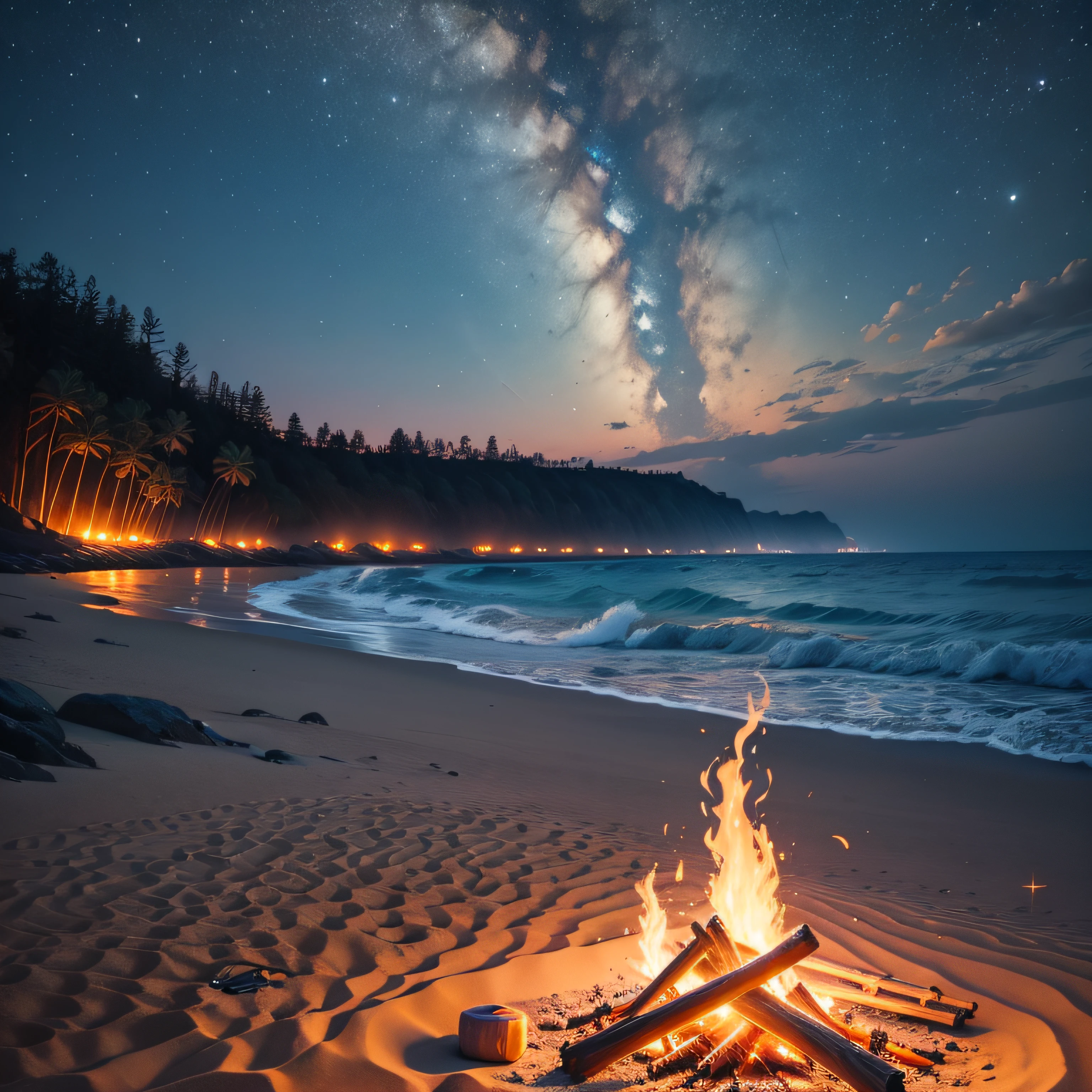 Very realistic scenery, Masterpiece, Beach at night, Light from a campfire