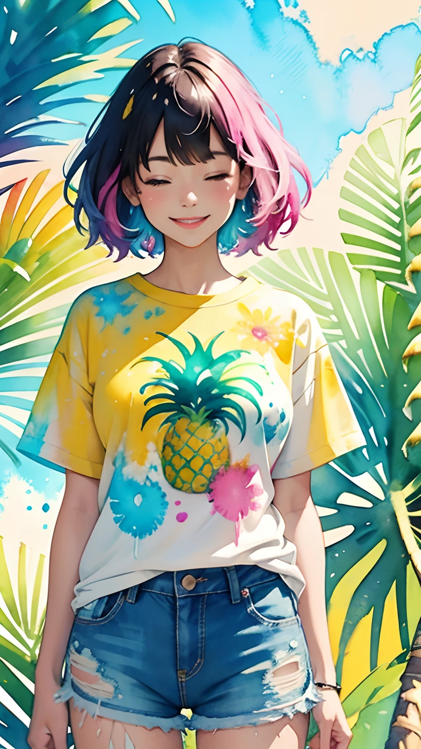 a pineapple painting with a splatter background, pineapple design t-shirt and jean shorts, upper body centered, multi-color hair, 1 eye closed, big happy smile, watercolor art, watercolor painting, watercolor painting style, watercolor detailed art, watercolor digital painting, watercolor paint, masterfully detailed watercolor, watercolor art