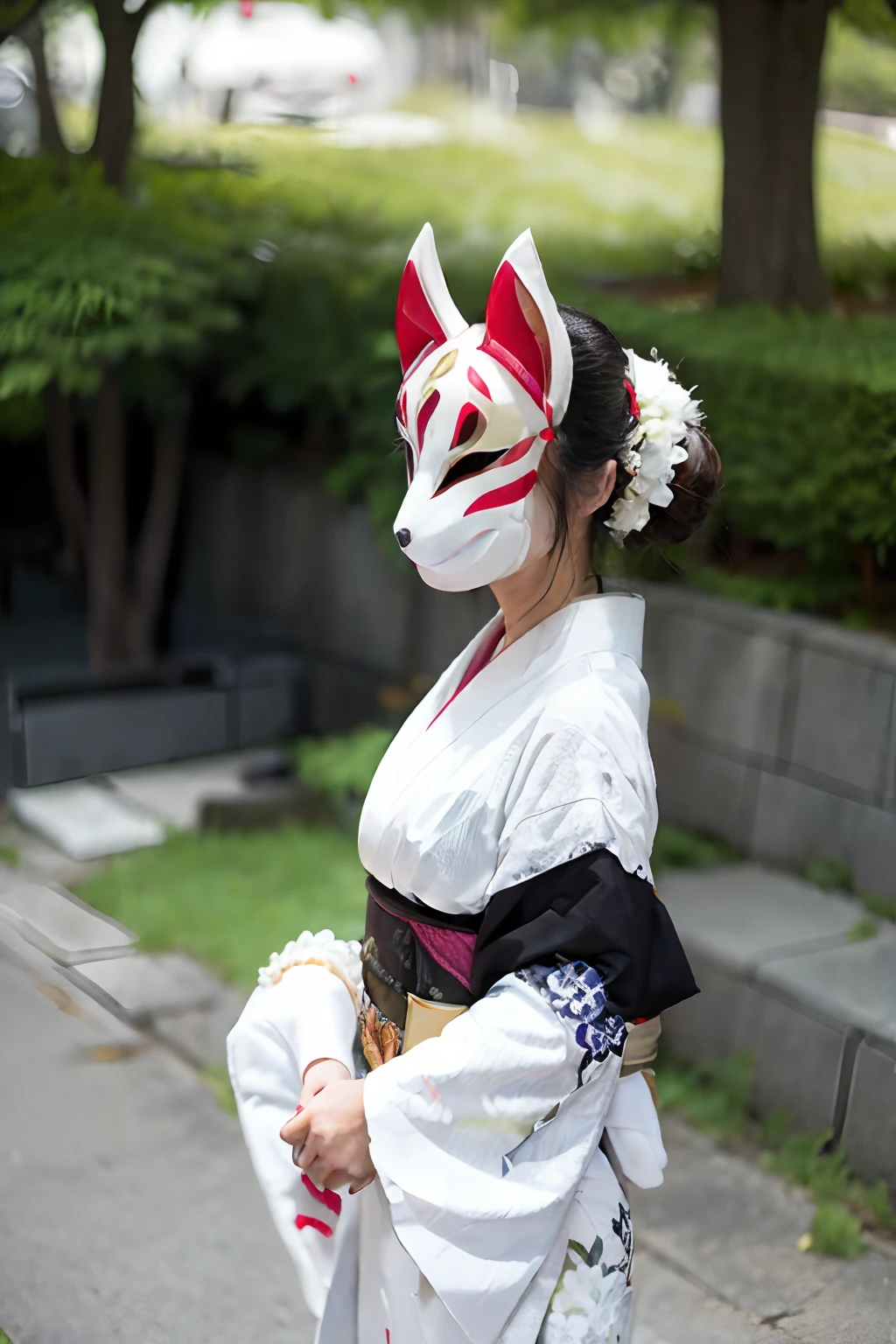 8k, high resolution, A woman wearing a kitsune mask with a kimono on, ((facing viewer)), kitsune mask concealing face, ((white slippers)), (hands at sides)