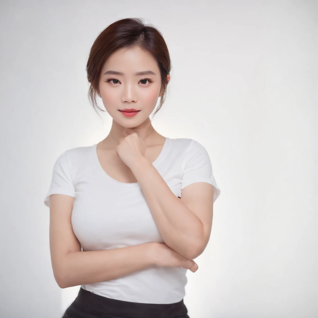 (Photo: 1.3) af (Realistic: 1.3), East Asian woman, Soft light, Clear face, (Front), ((White T-shirt)), cheerful big breasts, Warm light, ((Off-white gradient background)), (Background)) ,Avatar,(Short hair),Beautiful,Young,,Short hair,((Avatar))
