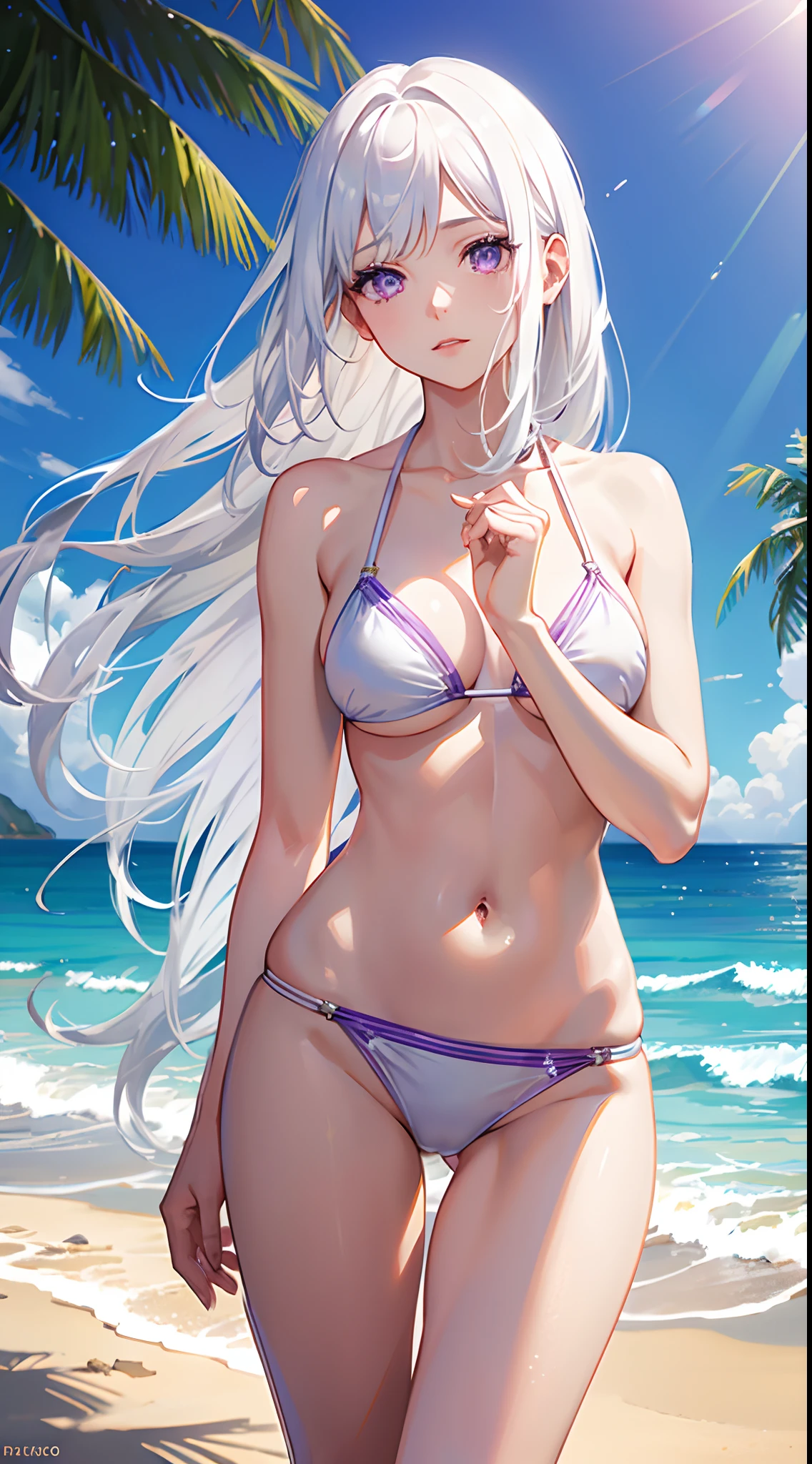 realistic, 1girl, white hair, purple eyes, bikini, beach, light particles, light rays, wallpaper,