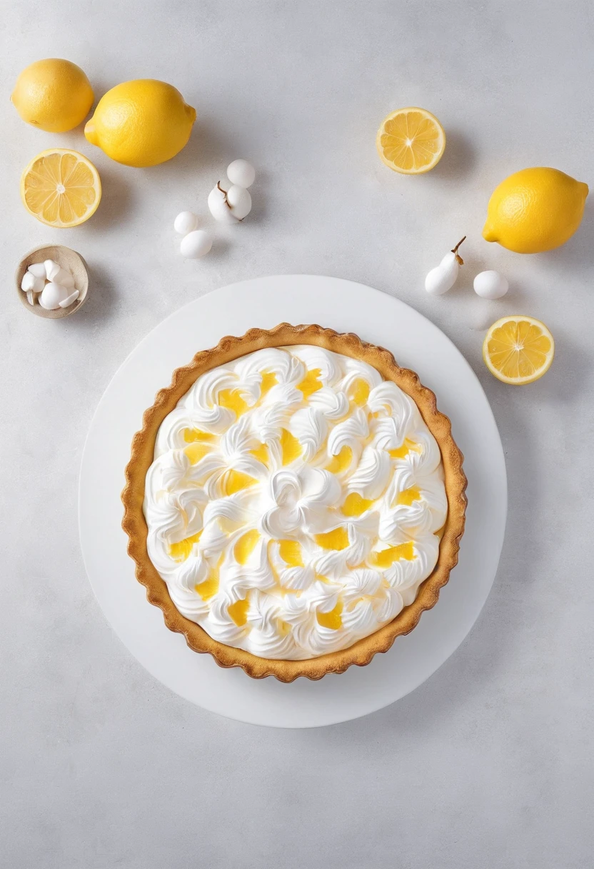 Lemon meringue pie，Kitchen cutting boards，Eggs and a bowl of egg whites，farinha，lemons，professional photoshooting，studio lit，advertisement photography，Complicated details，hyper-detailing，Ultra photo realsisim，8K UHD