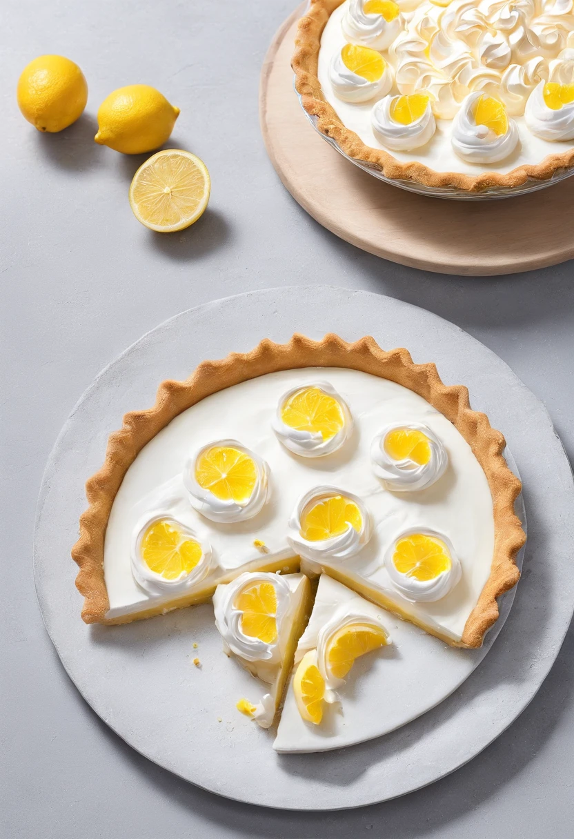 Lemon meringue pie，Kitchen cutting boards，Eggs and a bowl of egg whites，farinha，lemons，professional photoshooting，studio lit，advertisement photography，Complicated details，hyper-detailing，Ultra photo realsisim，8K UHD