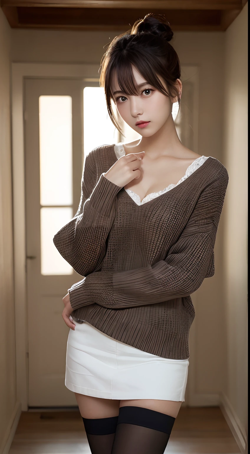 masutepiece, Best Quality, Illustration, Ultra-detailed, finely detail, hight resolution, 8K Wallpaper, Perfect dynamic composition, Beautiful detailed eyes, Natural Lip, Sweaters(a miniskirt)Wear, Small breasts, Full body, Random sexy poses,Bun hair,Raw photo,a room
