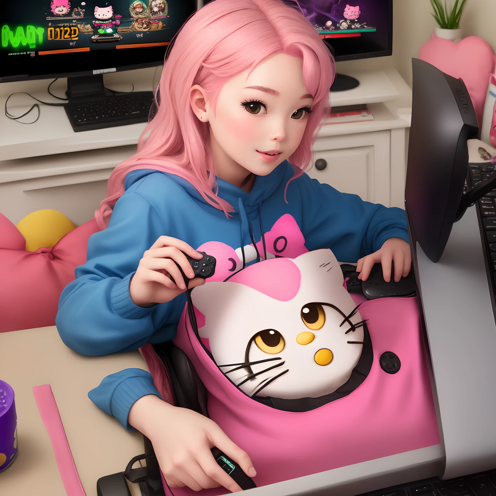hello kitty with pink hair playing video games on computer with takis