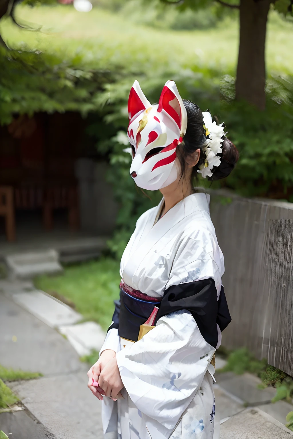 8k, high resolution, A woman wearing a kitsune mask with a kimono on, ((facing viewer)), kitsune mask concealing face, ((white slippers)), (hands at sides)
