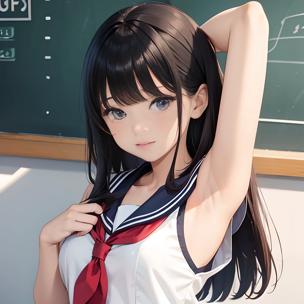 A school girl,sleeveless sailor suit,bangs bangs,straight hair,armpit,pretty face