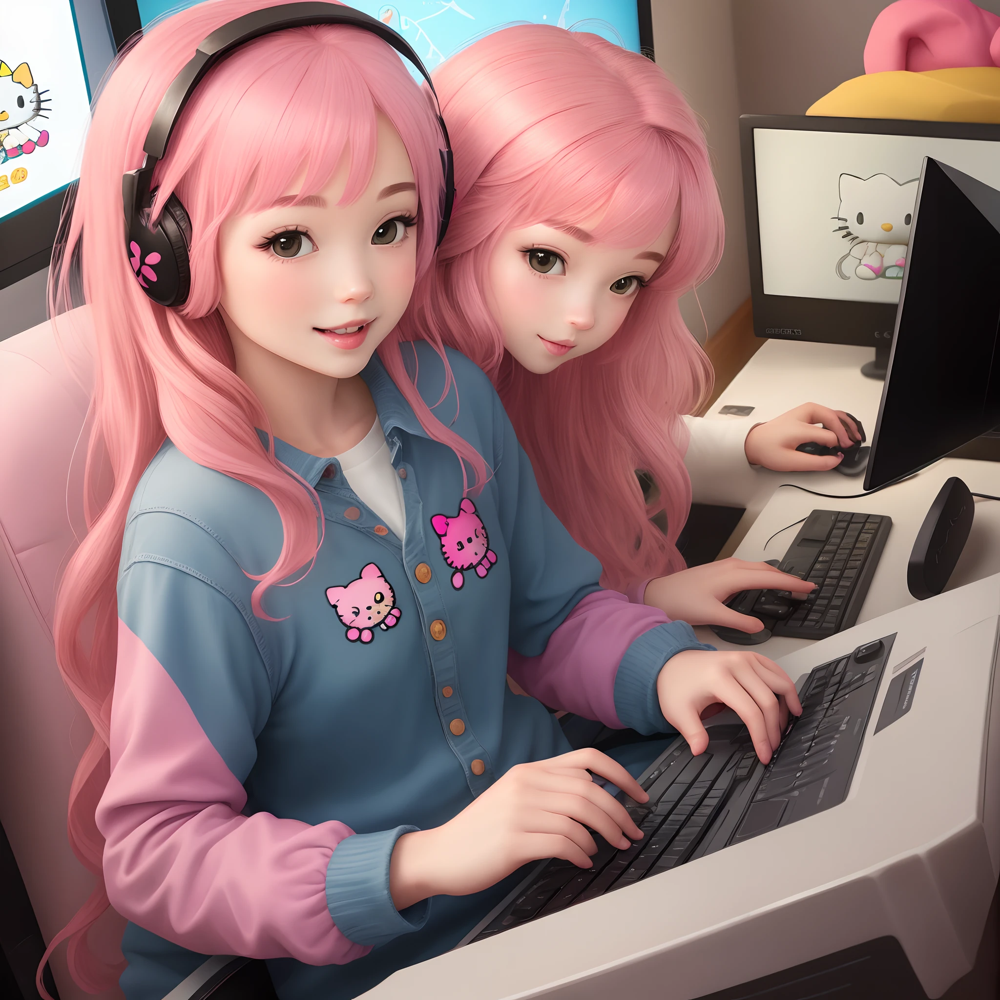 hello kitty with pink hair playing video games on computer with takis
