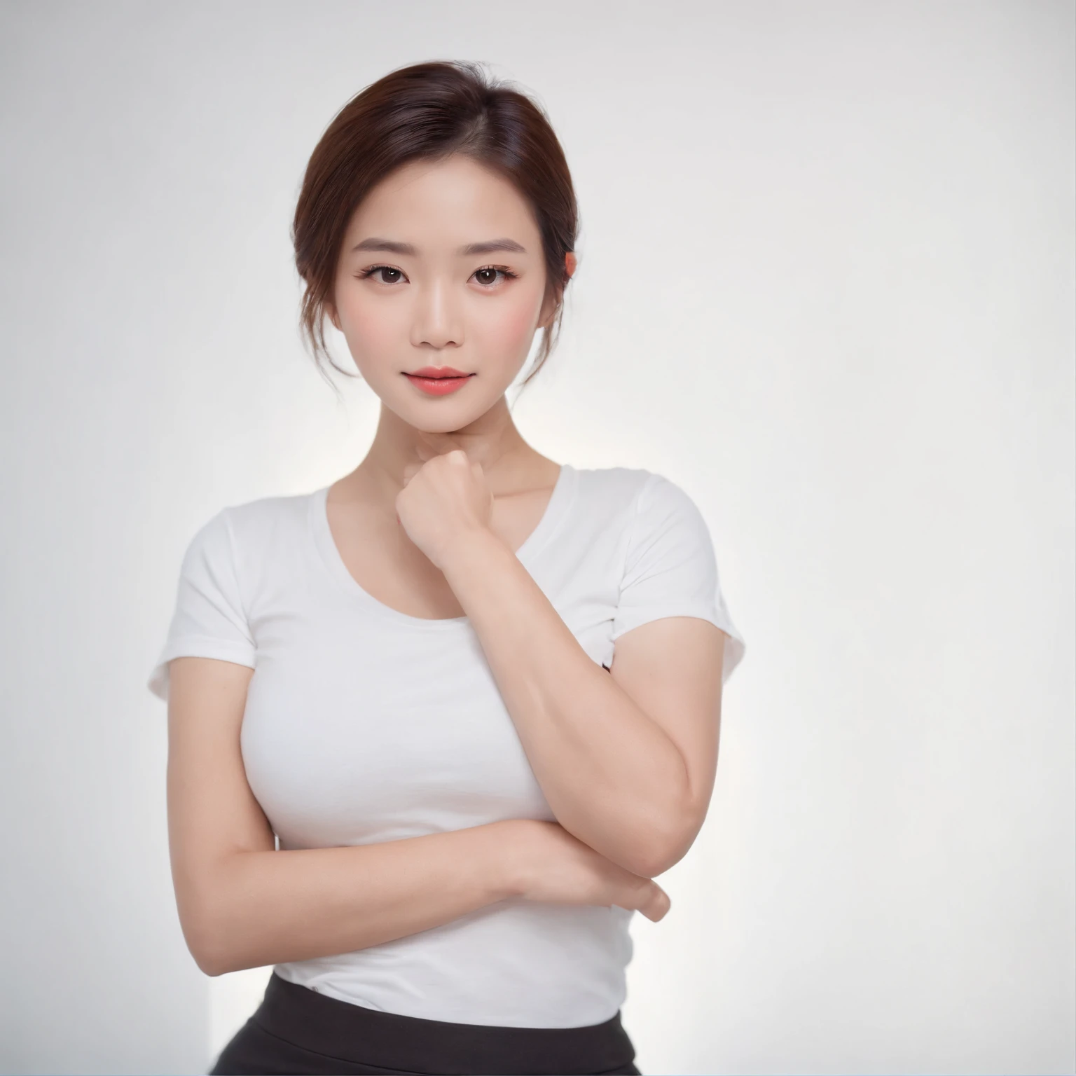 (Photo: 1.3) af (Realistic: 1.3), East Asian woman, Soft light, Clear face, (Front), ((White T-shirt)), cheerful big breasts, Warm light, ((Off-white gradient background)), (Background)) ,Avatar,(Short hair),Beautiful,Young,,Short hair,((Avatar))