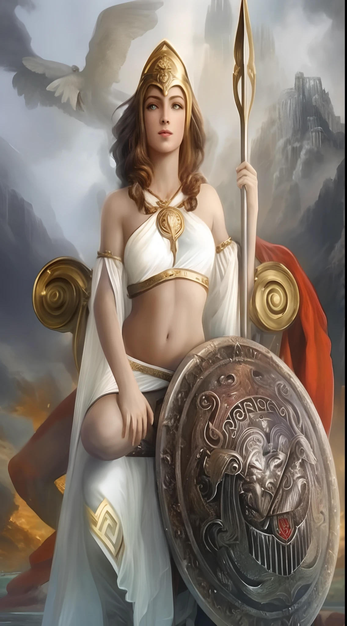 a painting of a woman in a white dress holding a shield and shield, greek goddess athena, venus godness athena, goddess of greek mythology, the god athena, athena goddess of wisdom, portrait of celtic goddess diana, goddess of war, beautiful goddess, female goddess, norse goddess, greek goddess, greek myth digital painting, 3 d goddess minerva, golden goddess athena