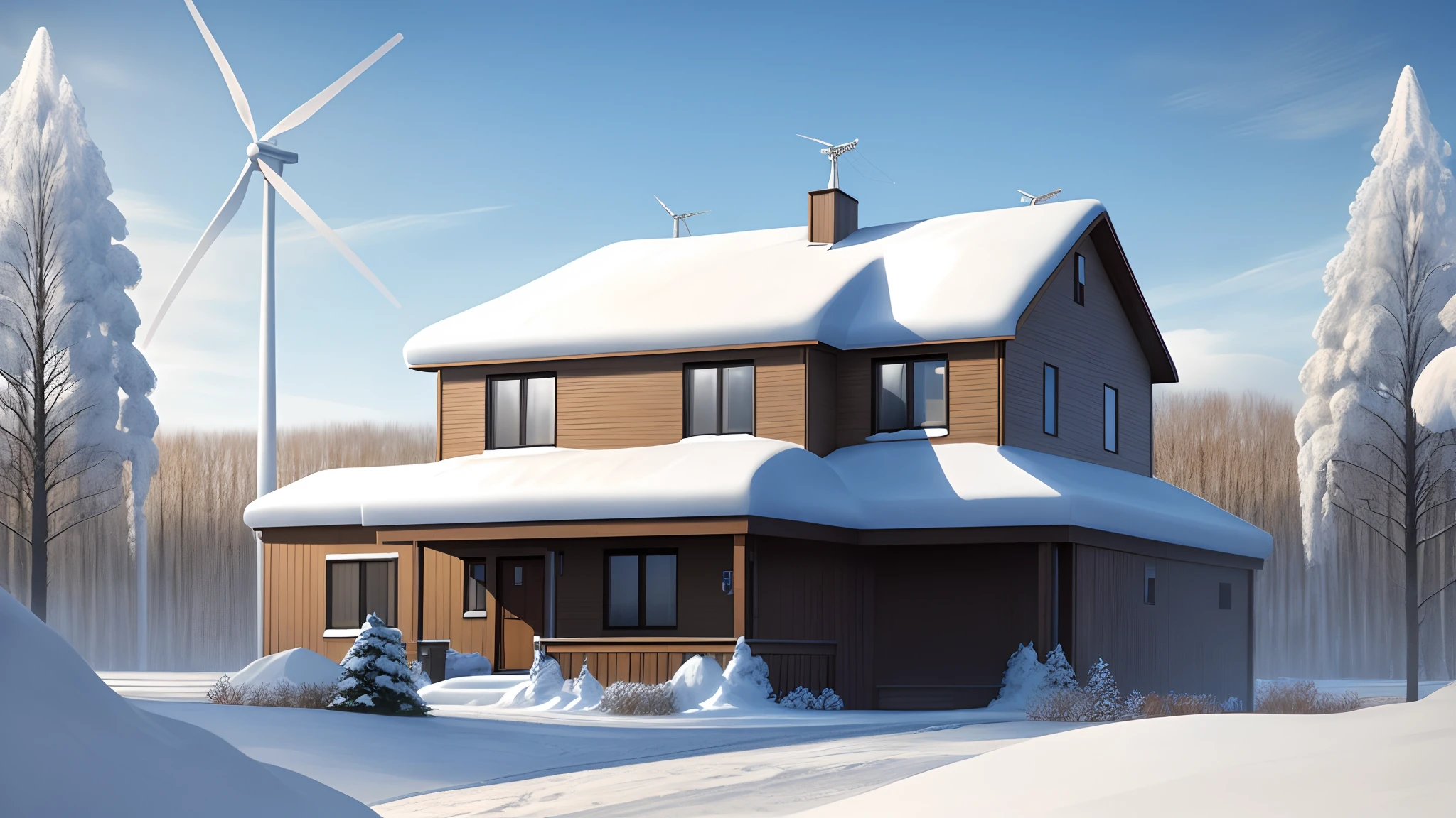 Have an enormous conputer outside with a house on the screen.
Have the computer covered in snow.
Put wind turbines in the background