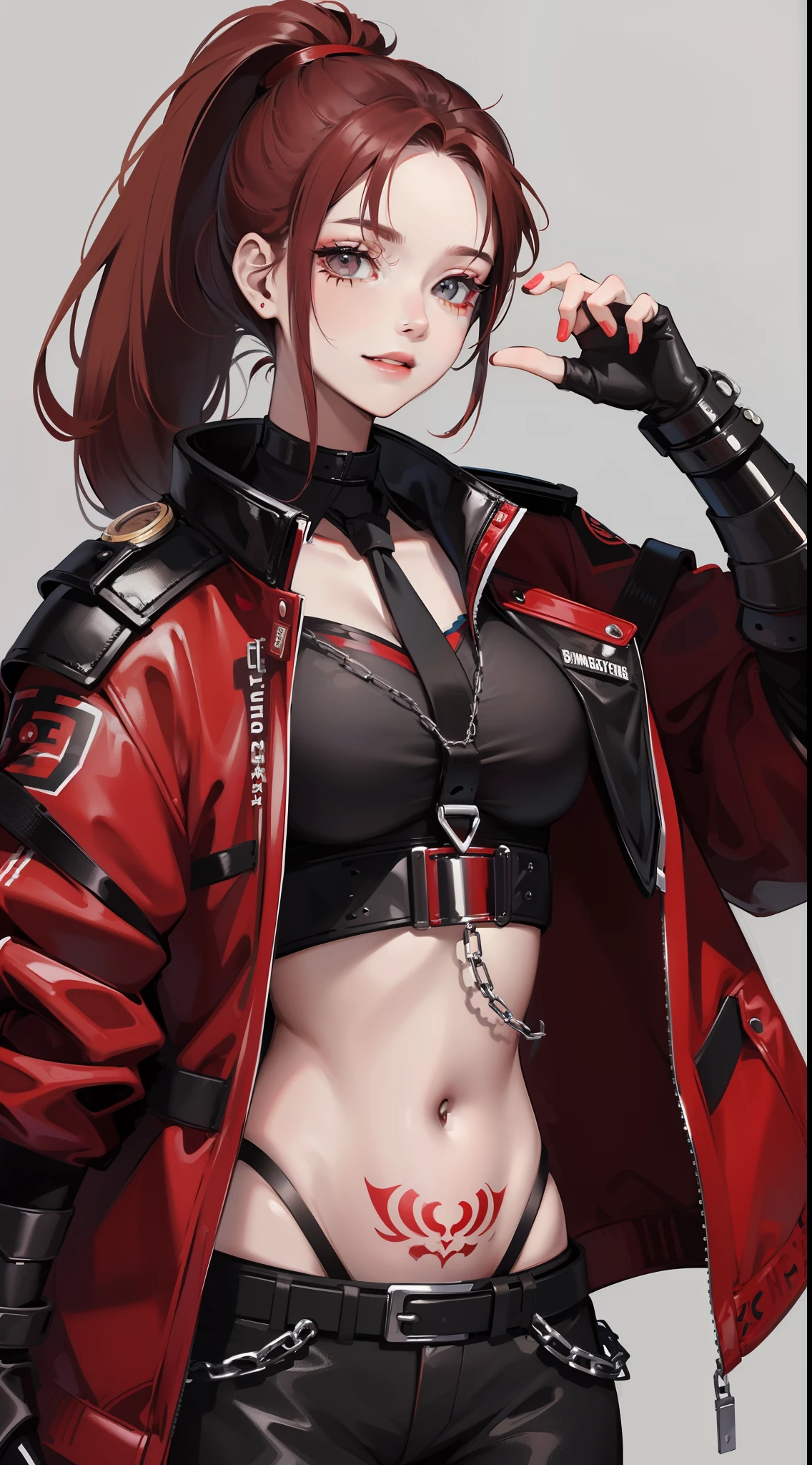young girl, Short black and red hair, high ponytail, gray eyes, smile, open belly, black trousers, red jacket, tie, belts, chains, Tattoos, iron gauntlets, face tattoos, Masterpiece, hiquality, 4k, HD, Good detail