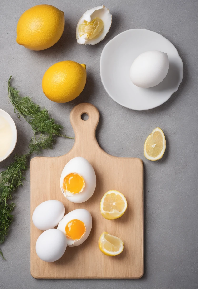 Kitchen cutting board,Eggs and a bowl of egg whites,farinha,lemons,professional photoshooting,studio lit,advertisement photography,Complicated details,Hyper-detailing,Ultra photo realsisim,8K UHD