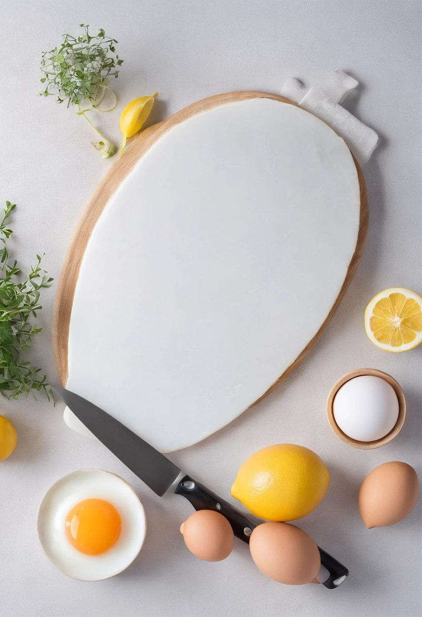 Kitchen cutting board,Eggs and a bowl of egg whites,farinha,lemons,professional photoshooting,studio lit,advertisement photography,Complicated details,Hyper-detailing,Ultra photo realsisim,8K UHD