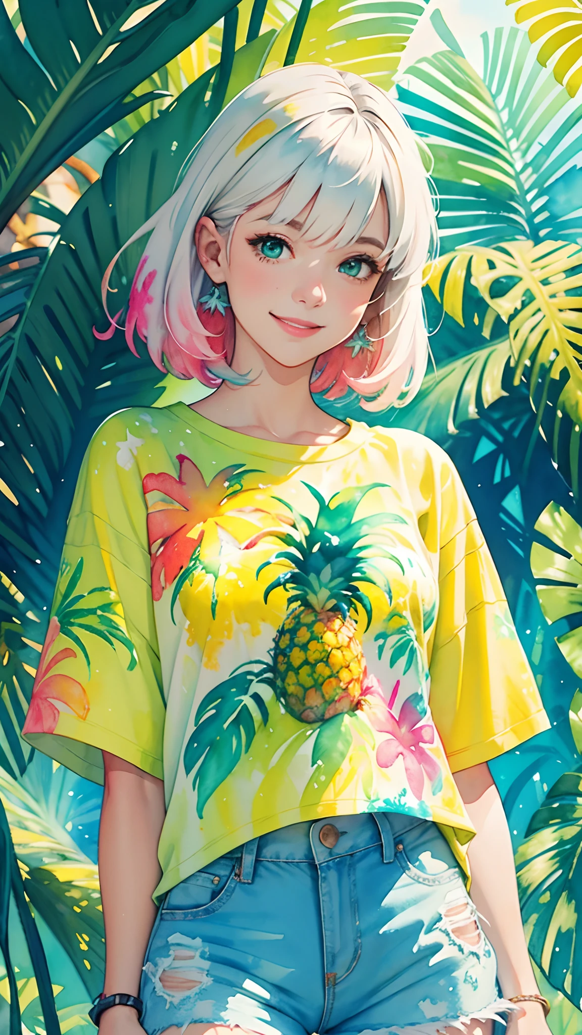 a pineapple painting with a splatter tropical background, pineapple design t-shirt and white jean shorts, upper body centered, multi-color hair, green eyes, big happy smile, watercolor art, watercolor painting, watercolor painting style, watercolor detailed art, watercolor digital painting, watercolor paint, masterfully detailed watercolor, watercolor art