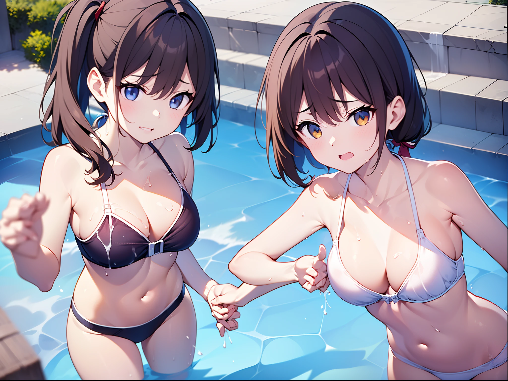 in 8K、top-quality、masterpiece、ultra-detailliert、Ultra-high resolution、((two individuals))、2 girls in、brown haired、poneyTail、swimming pools、wetting hair、wetted skin、splash water、Red face、Bikini swimwear、Flirting、((Take a bra))、((((no brassiere))))、(((hiding chest with hands)))、Impatient