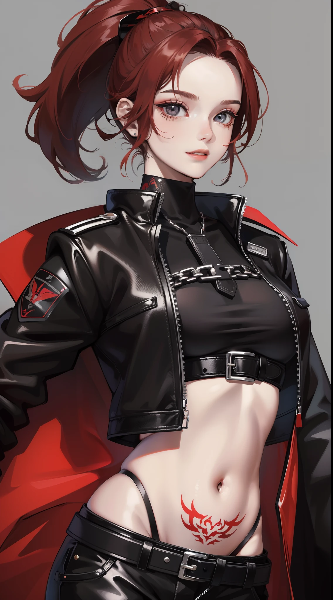 young girl, Short black and red hair, high ponytail, gray eyes, smile, open belly, black trousers, red jacket, tie, belts, chains, Tattoos, iron gauntlets, face tattoos, Masterpiece, hiquality, 4k, HD, Good detail