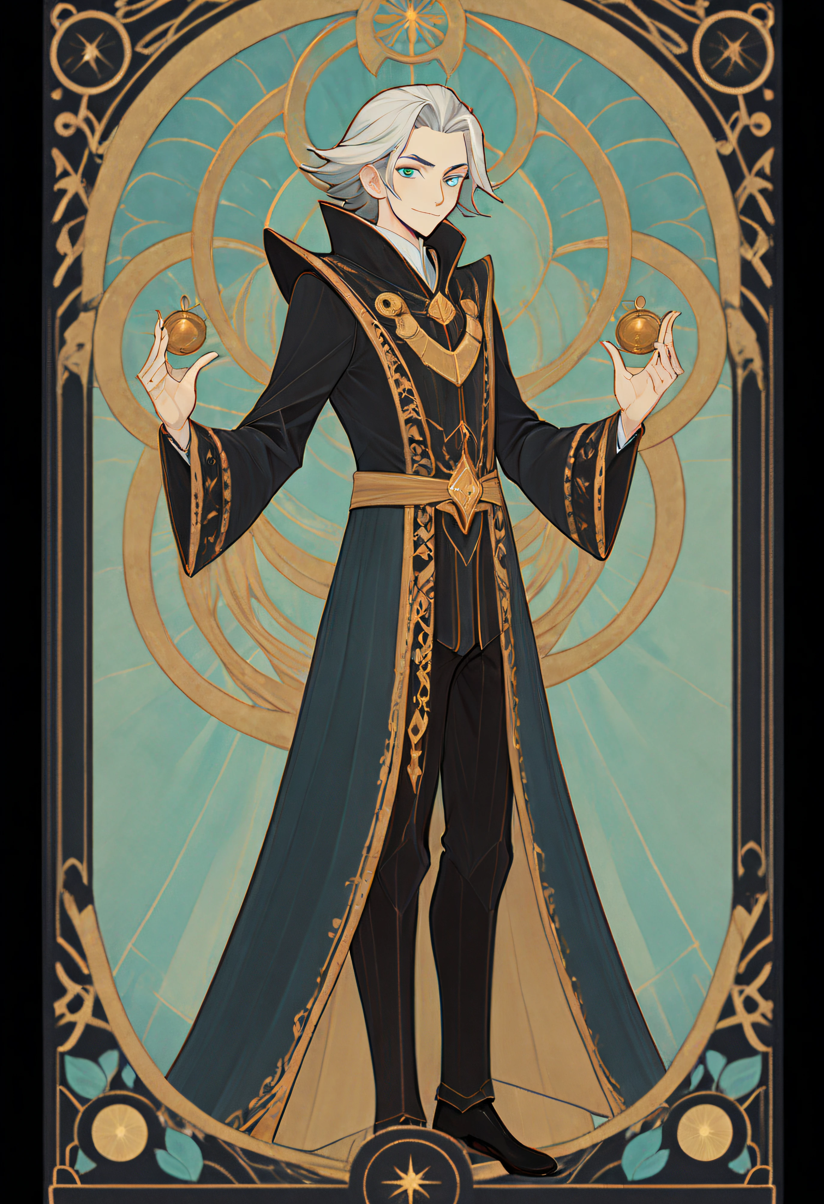 Full-length portrait of 1 boy, magister, Magician costume, (((独奏))), Clear facial features, Simple line design, ((tarot card background, symmetric beauty)), perfectly symmetrical, The art of symmetry, Standing drawings of characters, ((flatcolors)), tmasterpiece，top Quority，best qualtiy，超高分辨率, ((Clear facial features，beautidful eyes，beauitful face, Exquisite facial features))