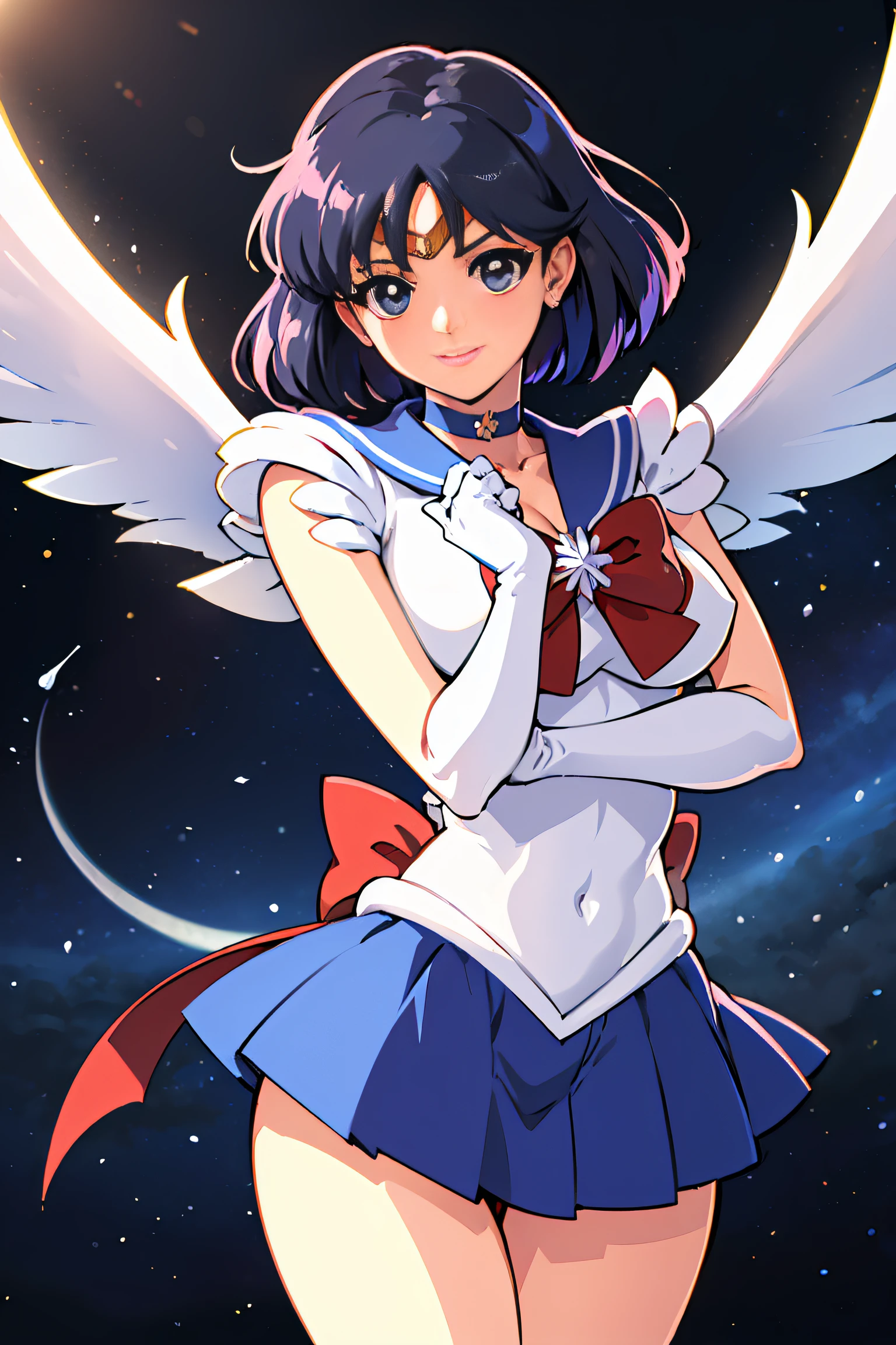 (top-quality:1.3), (​masterpiece:1.4),(Anatomically correct), (Full limbs),(complete fingers),(Precise fingertips), (Fine details),(8K),Photorealista,Sailor Moon!!!!!!!!, Sailor Moon Style,by Sailor Moon, Sailor Senshi Uniform,(Sailor Saturn:1.37),aqua eyes,Black-haired bobbed head,Purple Choker,Purple Boots,Purple skirt,Red ribbons,(Super Detail),(90s Anime,9 0 s anime,9 0 s anime style,anime cels,cel shaded anime),
ful:1.3,stands,。.。.。.。.。.。.3D,realisitic,Ultra Micro Photography,Ultra detailed CG unity 8k wallpapers,frombelow,intricate-detail,(1 female),20yr old,(Mer1, tiarra, Sailor Senshi Uniform,white glove,Sailor Senshi Uniform:1.2,meishaonv),Shiny Blue Color Sexy Pleated Mini Skirt:1.3,(very large blue-colored bow in the center of the chest,,,,,,,,,:1.4,Golden tiara on the forehead:1.5,Blue gloves on the elbows:1.1,Bare upper arms:1.1,Luxurious gold decoration:1.3,Long white latex gloves with luxurious gold décor:1.3,very large blue bow behind the waist,,,,,,,,,:1.1,Cleavage looks sexily boldly big,((seducting smile,Very pretty face,Details of face:1.5,美丽的面容,beautidful eyes,shinny eyes,thin lipss:1.3,thin and sharp pale eyebrows,,long dark eyelashes,Double eyelashes)),Luxurious Golden Jewelry,(Very thin and fitting high gloss white holographic leather:1.3),Bold and sexy slender high leg gravette swimsuit,(battle posture), Huge white wings,thin and muscular muscles,Muscular abs,a small face,huge-breasted,perfectly proportions,big breasts thin waist,SEXY Model Pose,Visible Pore,perfect hand:1.5,octane renderings,highly dramatic picture,Strong natural light,sunlights,exquisite lighting and shadow,dynamic ungle,DSLR Harp,Focus:1.0,Maximum clarity and sharpness,(The divinity of water,Splattering on the background of the space,Dynamic water background,prow: 1.2,Eau,polka dots,Water hair,Dynamic Frames,mercury,rays of moonlight,a moon,Dynamic backgrounds,Background of details)),(Best Quality), (awardwinning, Textured skin),