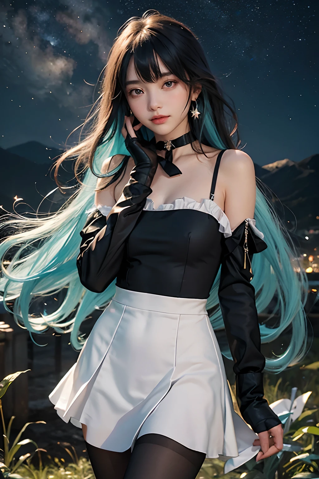 Masterpiece, Best quality, Night, stars, sky, Realistic, Real, Huge_filesize, Girl, Long hair, Gradient hair, hime_cut, Asymmetrical bangs, view the viewer, aqua eyes, Laughing, eye bags, Small breasts, shift dresses, White pantyhose, Earrings, fingerless_mitts, half gloves , Black choker , Sam_polypubic hair,