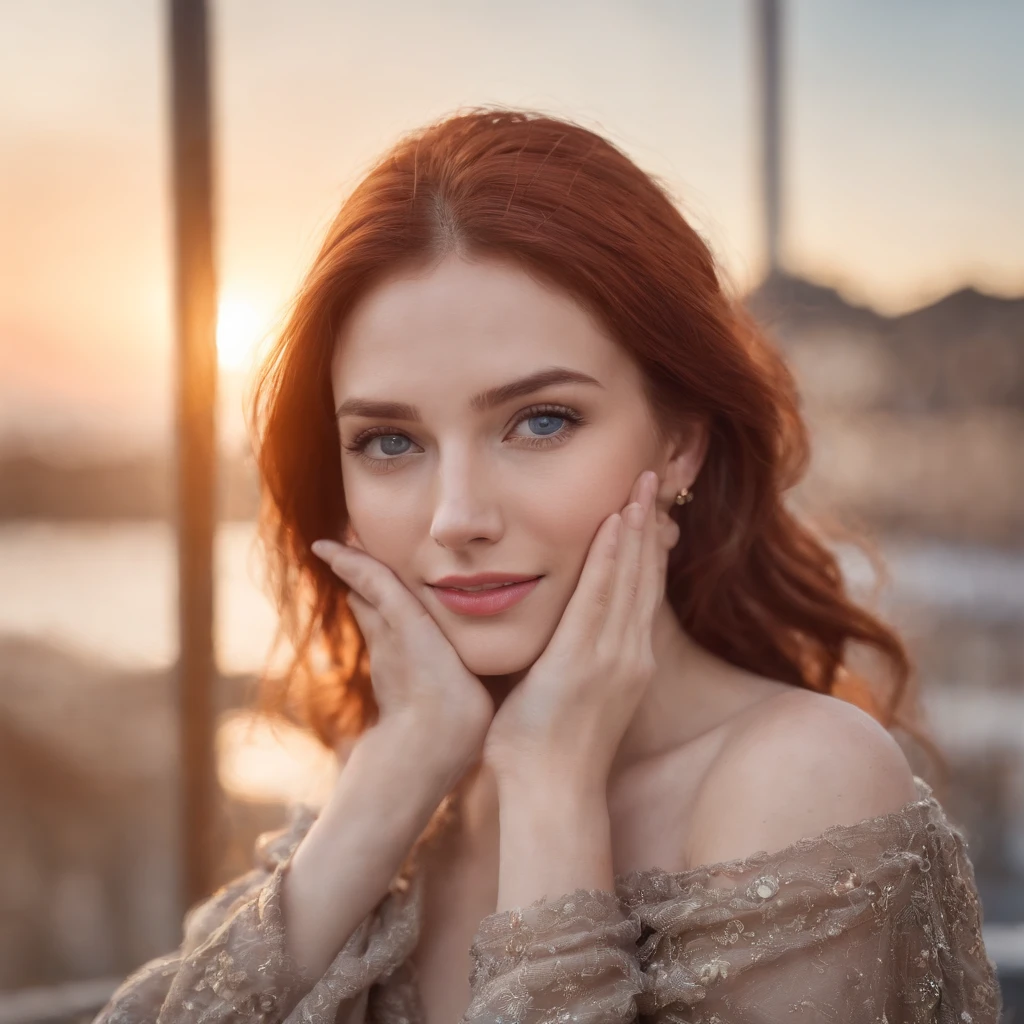 (beautiful lady:0.99), (freckles:0.6), (big smile:0.99), (dark makeup:0.99), (hyperdetailed photography:0.99), (soft light:0.99), (full body:0.99, (cover:0.99), (reflections:0.99), red hair, short hair, wavy hair, blue eyes, bright blue eyes, large breasts, walking, in public setting, embarassed, onlookers looking shocked, covering face with hands, nude, sunrise, fluttering curtains
