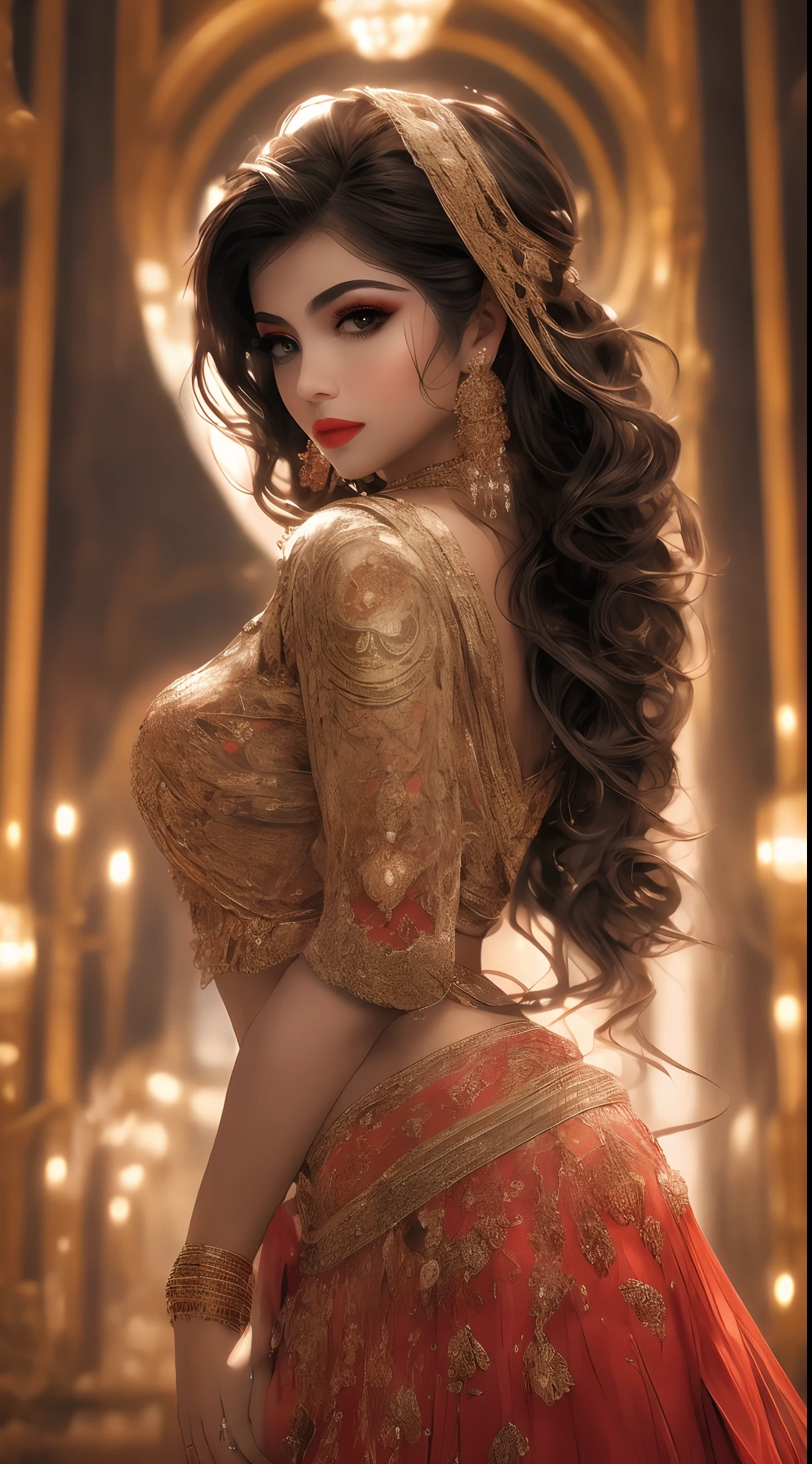 ,masterpiece, top quality, 8K, real person, realistic, very dense CG, shiny skin, fully focused, radiant, A beautiful Arabic belly dancer, seductive look, wearing a bicini , bold clothes, bold environment,, cinematic look red lips,bold and majestic look,, wearing a loose top, stylish design, mesmerizing look,bold and majestic look, Background royal palace, beautiful and elegant lady