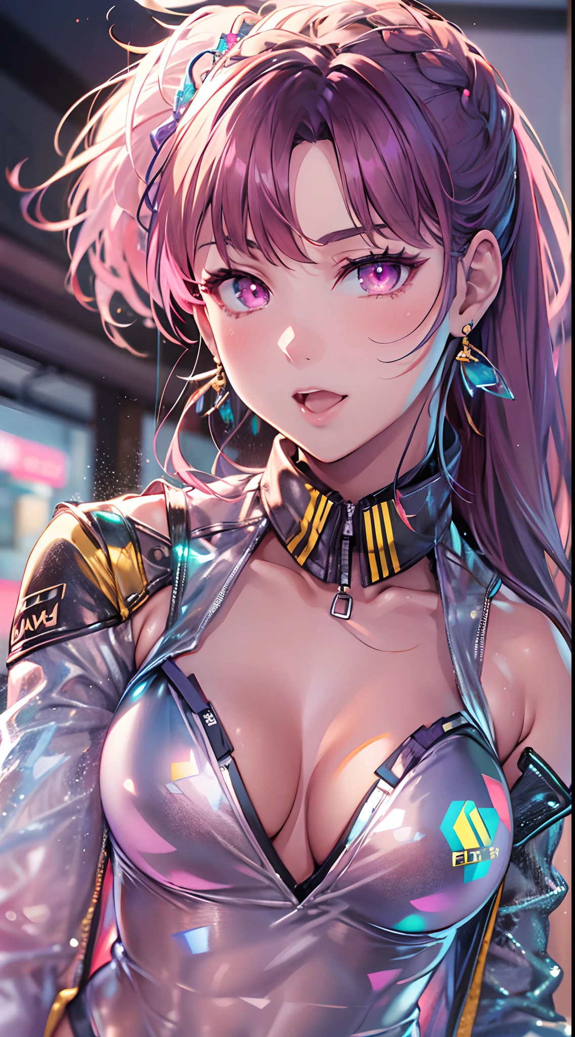 ((Masterpiece)), best quality, absurderes, ultra detailed, holographic, cowboy shot, golden ratio, super cute girl, mature girl, idol girl, super beautiful asian girl with very beautiful violet glowing eyes, beautiful glowing brown multicolored hair, high ponytail, nice and sexy body, slim body, perfect body, wearing a super tight anime printed leotard, an anime printed super tight off shoulder long sleeve crop top, a super aesthetic transparent mini jacket, beautiful hair ornament, pink jordan tennis, being photographed in a mall shop, with her handsome skinny boyfriend, with black messy glowing hair and super casual clothing