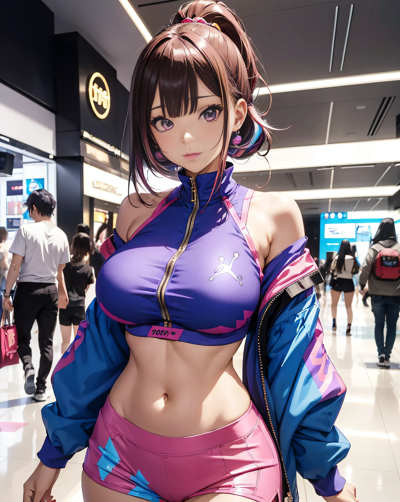 ((masutepiece)), Best Quality, absurderes, ultra-detailliert, Holographic, Cowboy Shot, Golden ratio, Super cute girl, Mature girl, Idol girl, Super beautiful asian girl with very beautiful purple glowing eyes, Beautiful shiny brown multicolored hair, High Ponytail, Nice and sexy body, Slim body, Perfect body, Anime Print Super Tight Off Shoulder Long Sleeve Crop Top, Super aesthetic transparent mini jacket, beautiful hair decoration, Pink Jordan Tennis, Photographed at a mall shop,((huge-breasted:1.3)),