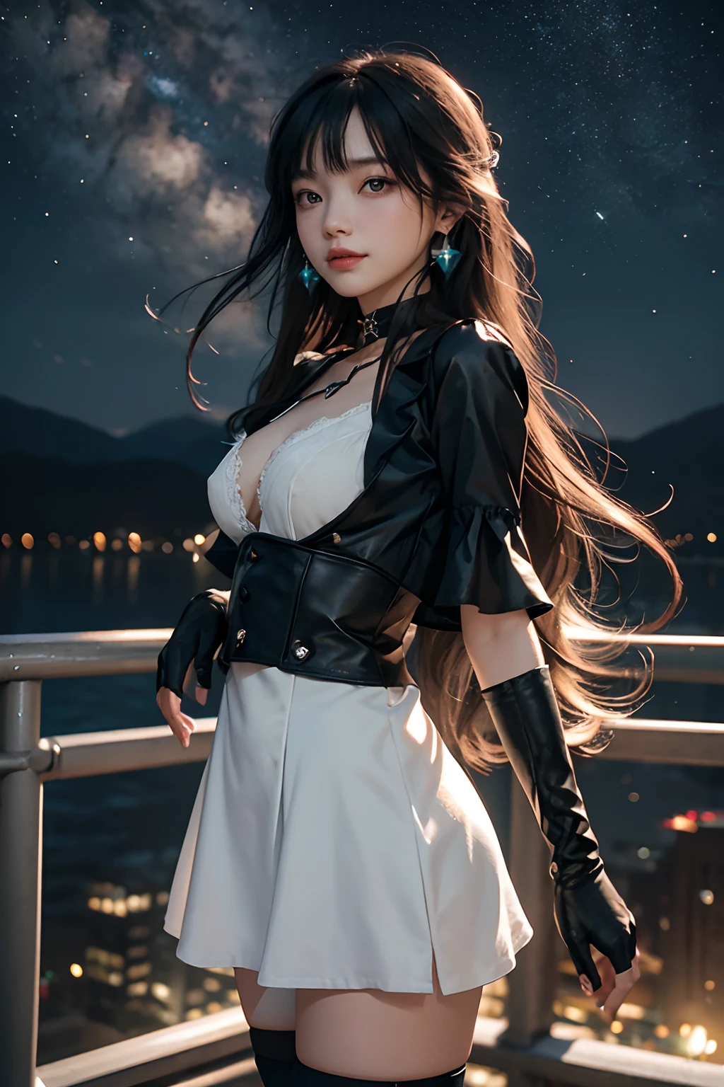 Masterpiece, Best quality, Night, stars, sky, Realistic, Real, Huge_filesize, Girl, Long hair, Gradient hair, hime_cut, Asymmetrical bangs, view the viewer, aqua eyes, Laughing, eye bags, Small breasts, shift dresses, White pantyhose, Earrings, fingerless_mitts, half gloves , Black choker , Sam_polypubic hair,
